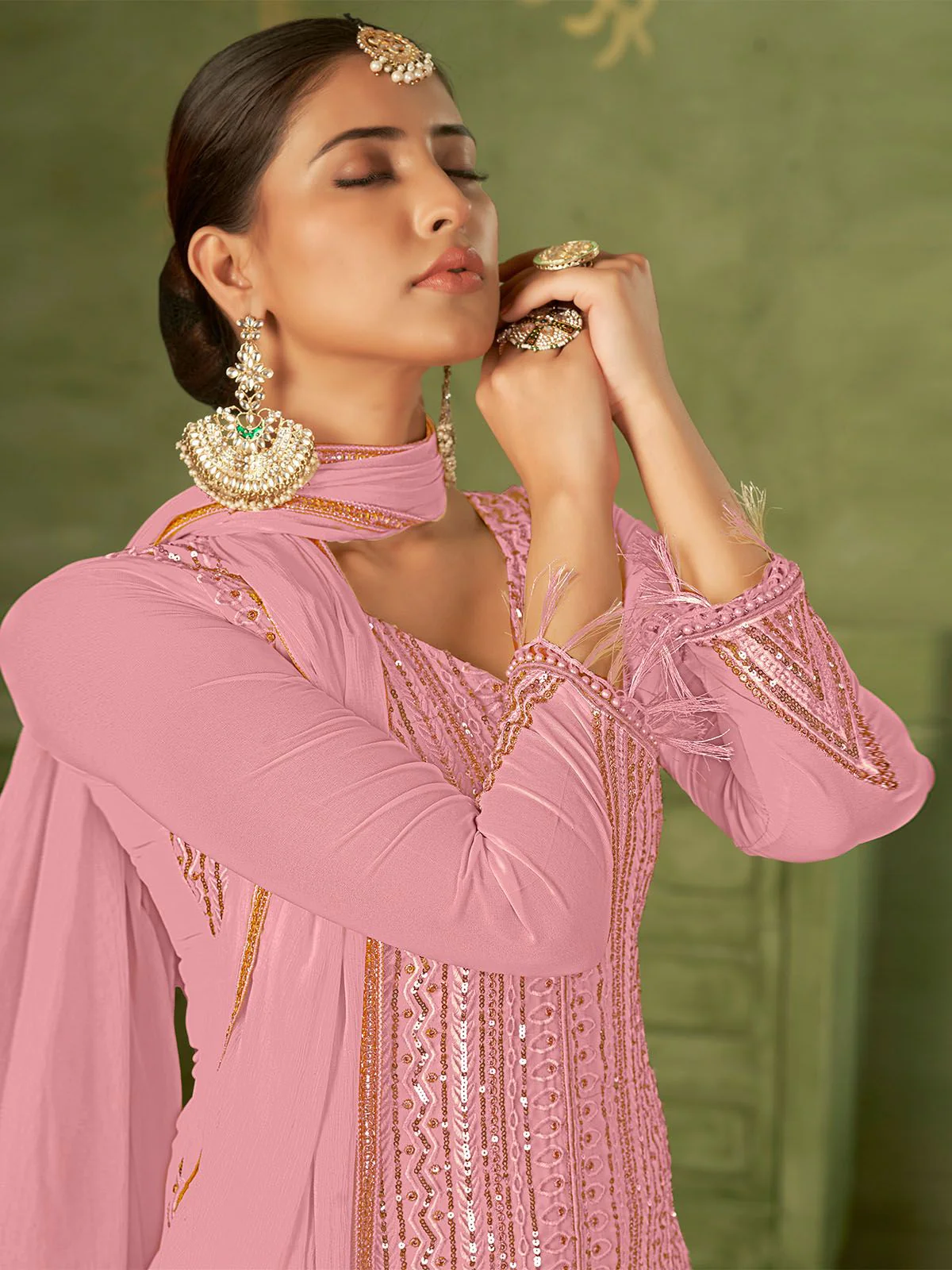 Odette Pink Georgette Embellished Semi Stitched Kurta Set For Women - Image 2