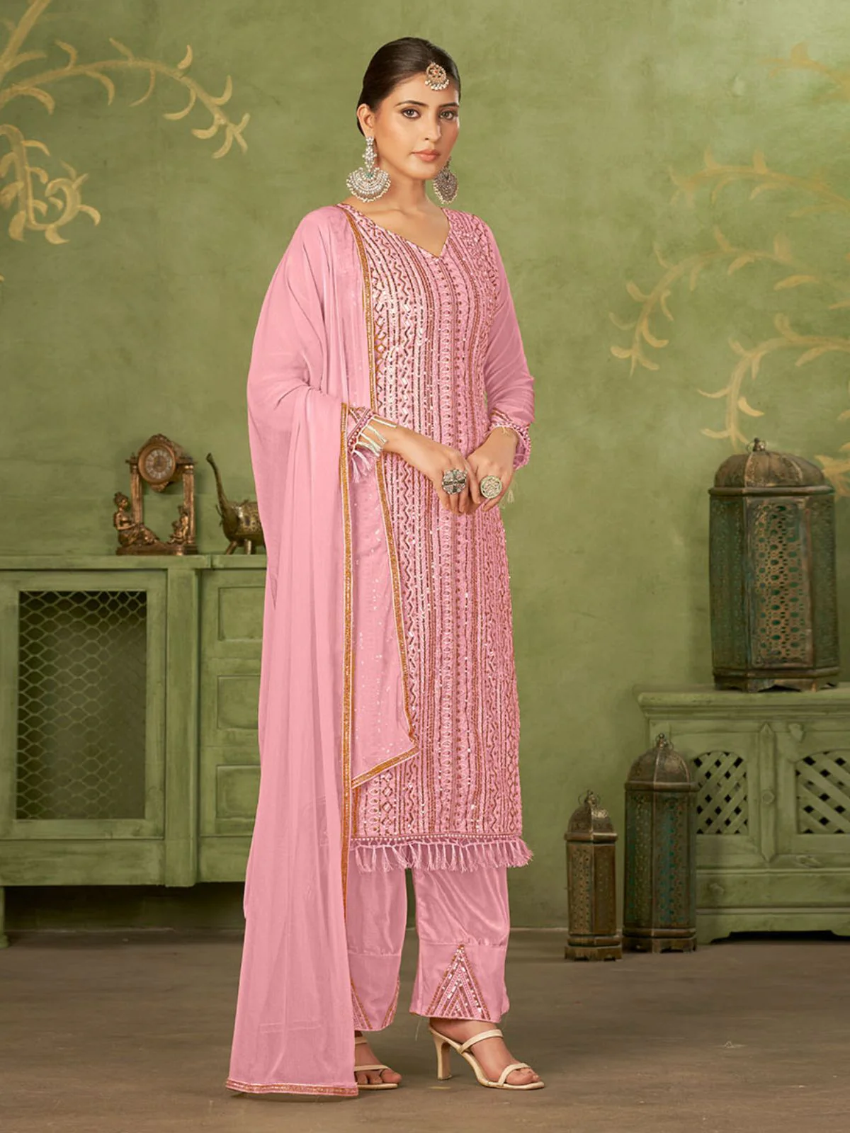 Odette Pink Georgette Embellished Semi Stitched Kurta Set For Women - Image 4