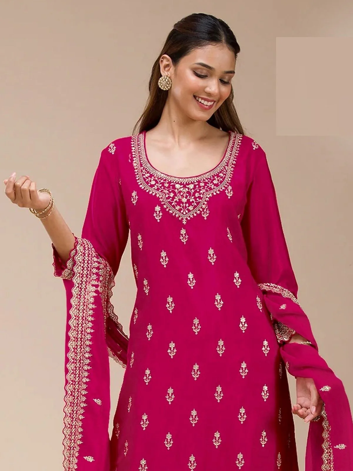 Odette Pink Georgette Embellished Semi Stitched Kurta Set For Women - Image 2