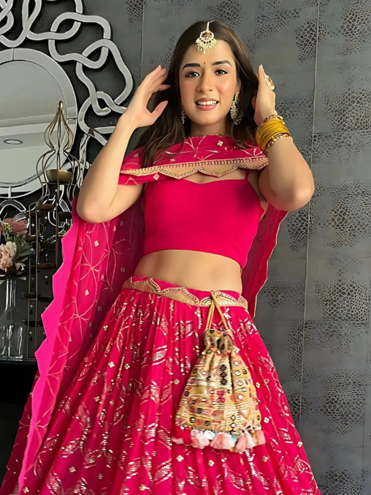 Odette Pink Georgette Embellished Semi-Stitched lehenga For Women - Image 5