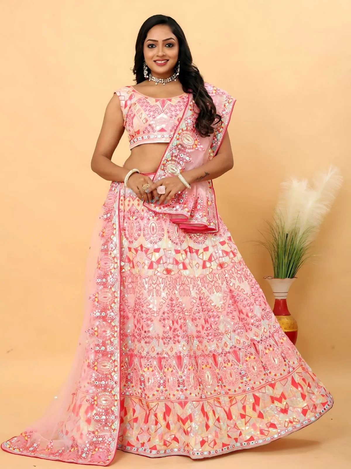 Odette Pink Georgette Embellished Semi-Stitched Lehenga For Women