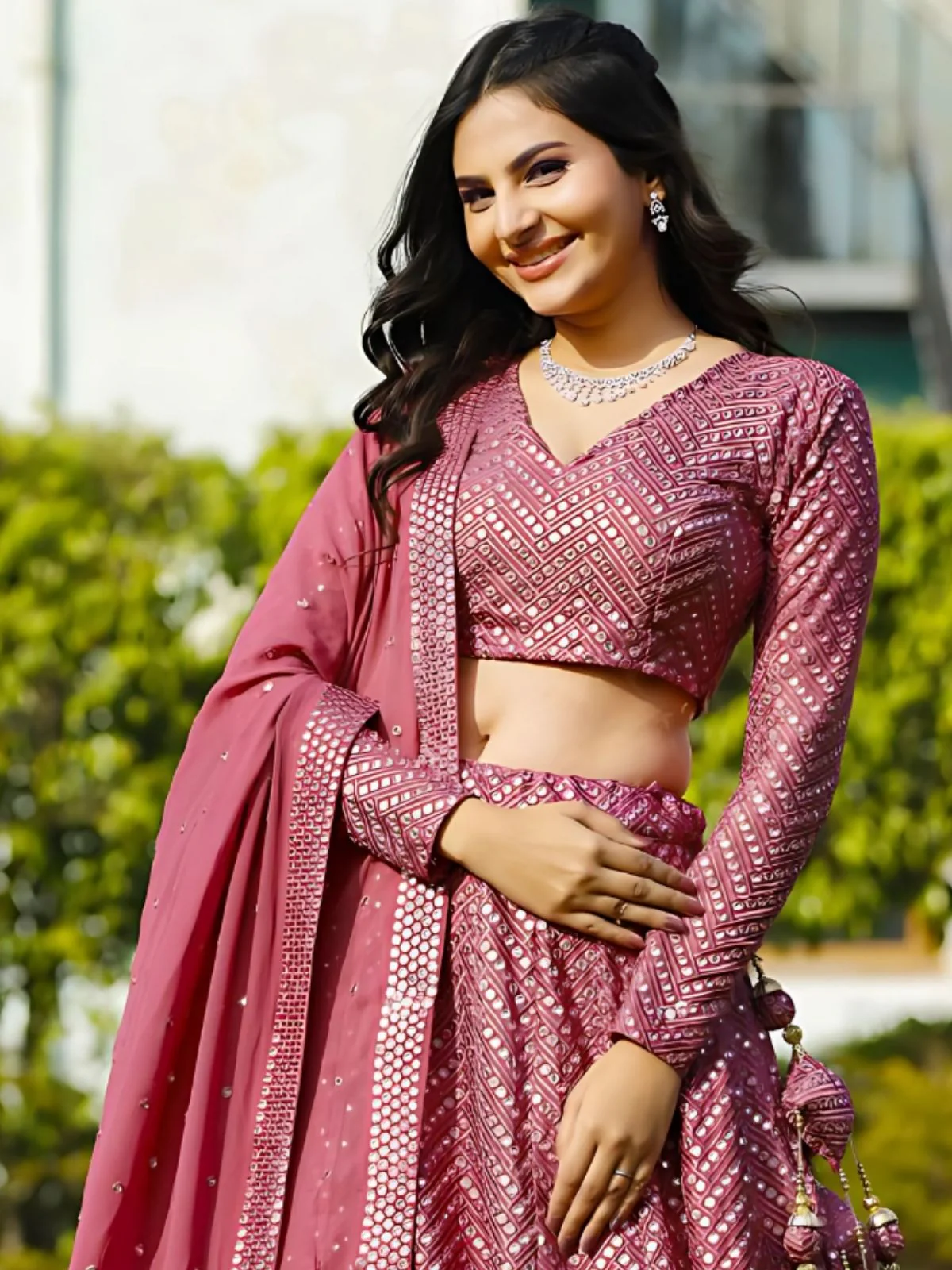 Odette Pink Georgette Embellished Semi-Stitched lehenga For Women - Image 5