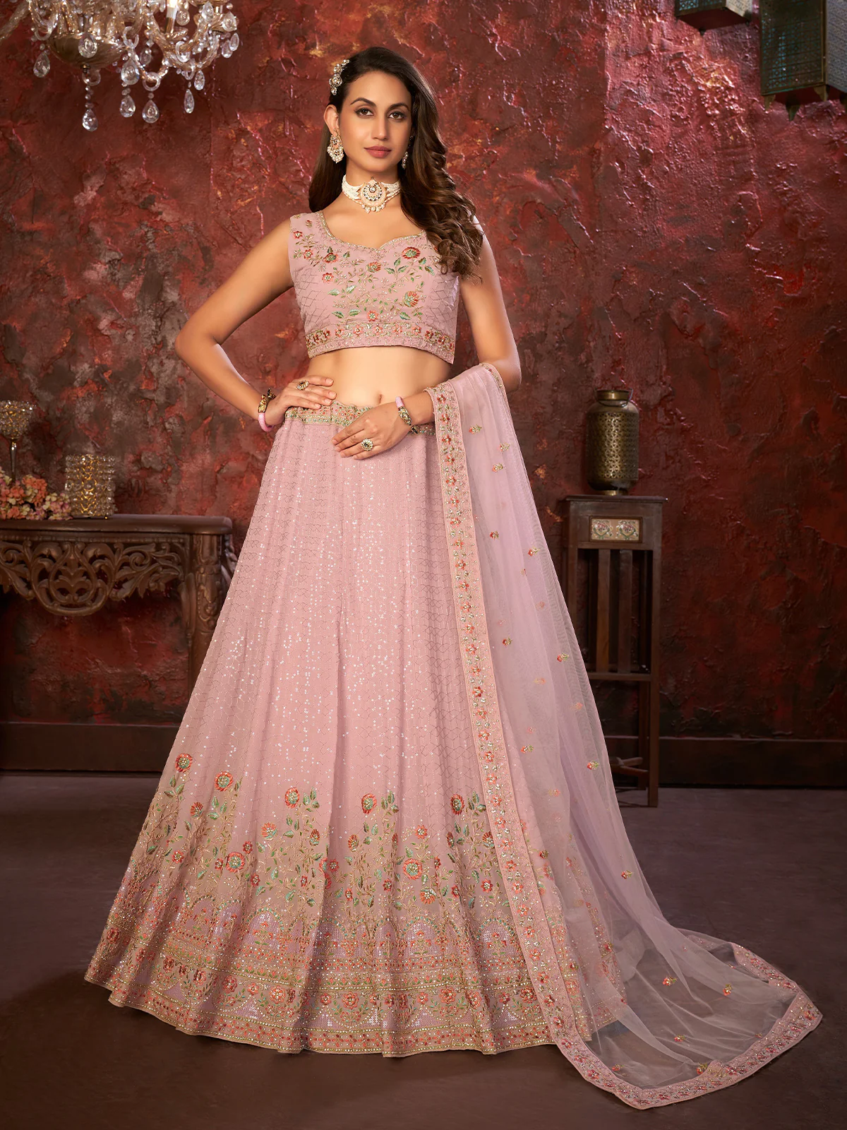 Odette Pink Georgette Embellished Semi Stitched Lehenga With Unstitched Blouse for Women - Image 2
