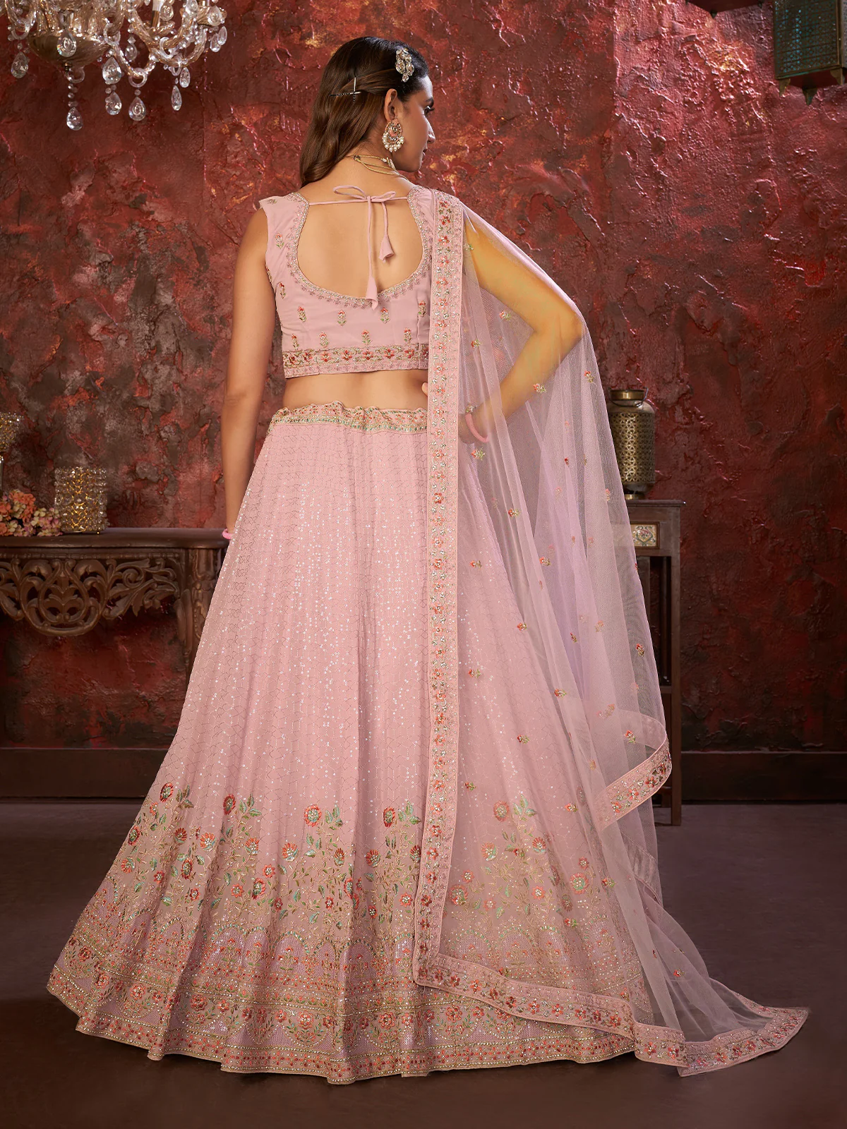 Odette Pink Georgette Embellished Semi Stitched Lehenga With Unstitched Blouse for Women - Image 3