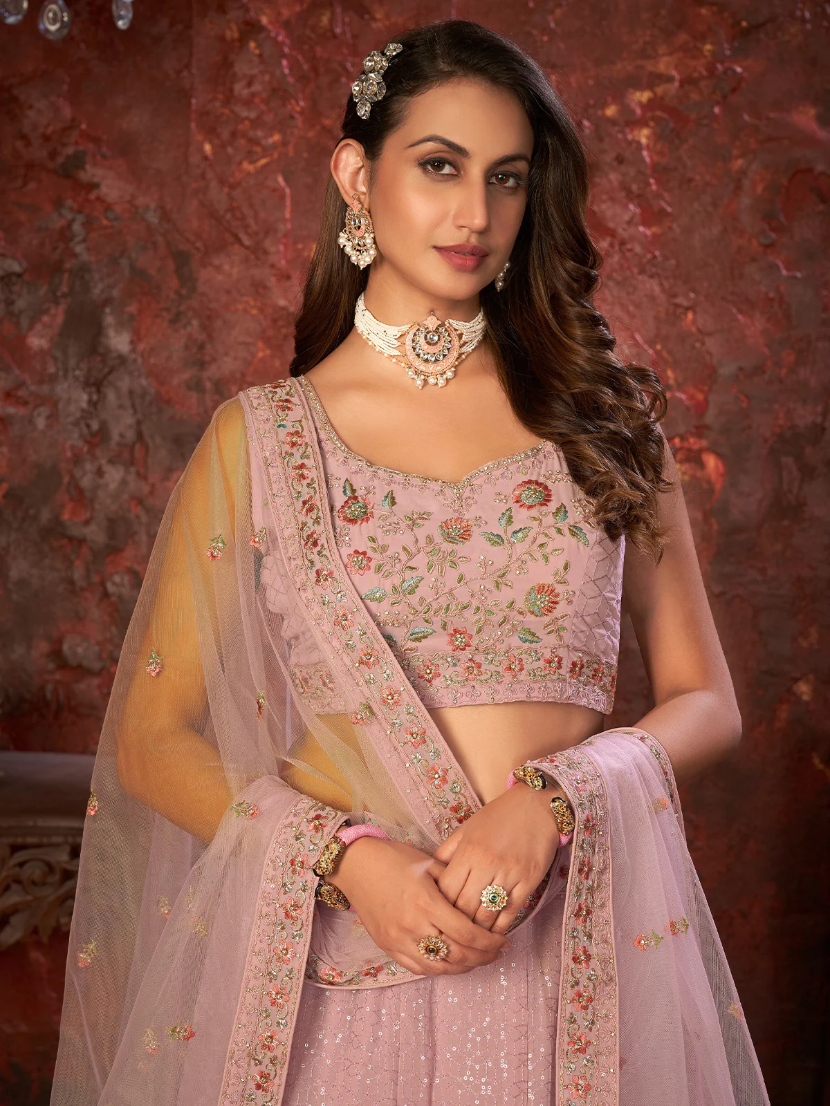 Odette Pink Georgette Embellished Semi Stitched Lehenga With Unstitched Blouse for Women - Image 4
