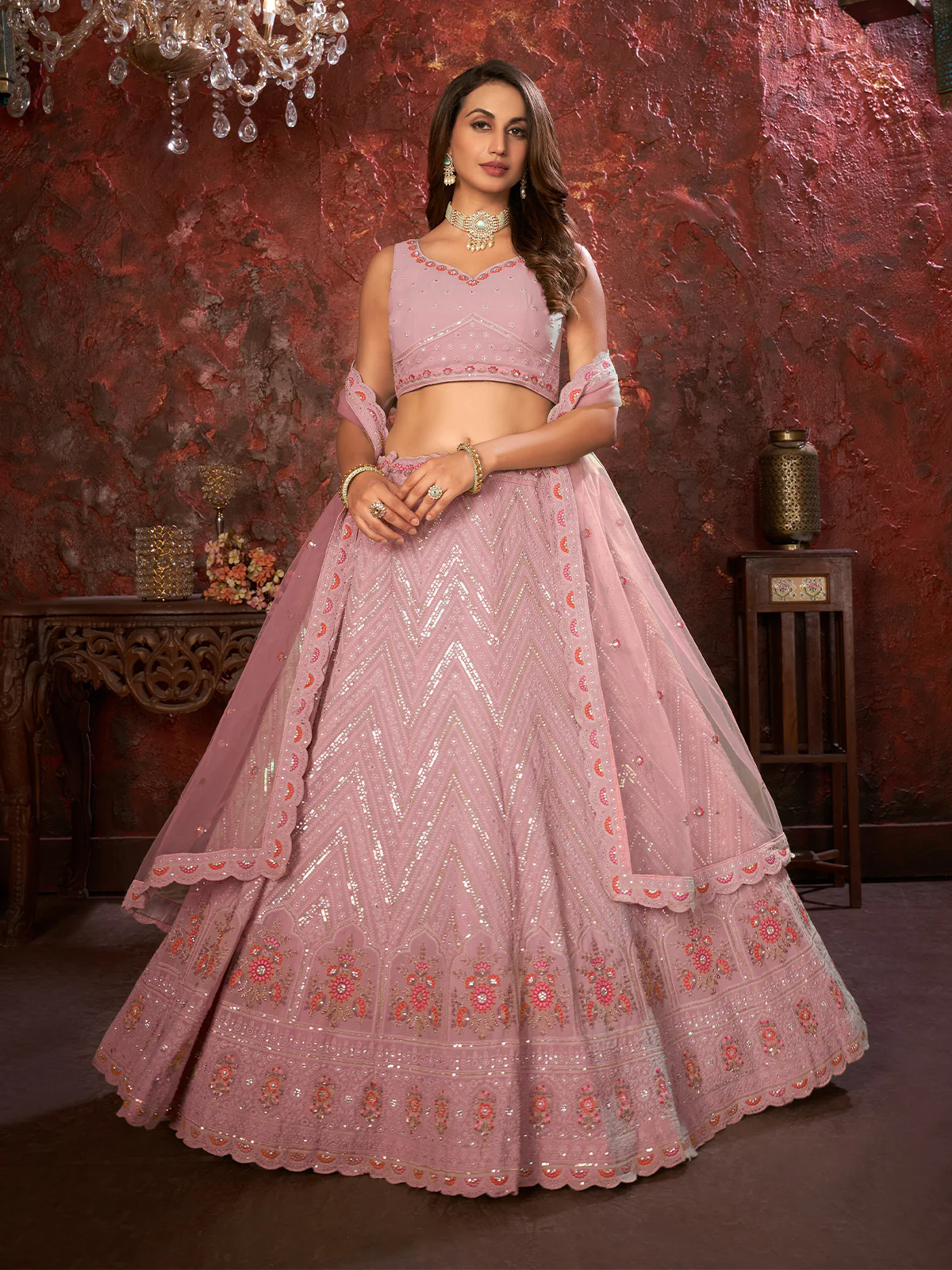 Odette Pink Georgette Embellished Semi Stitched Lehenga With Unstitched Blouse for Women - Image 2