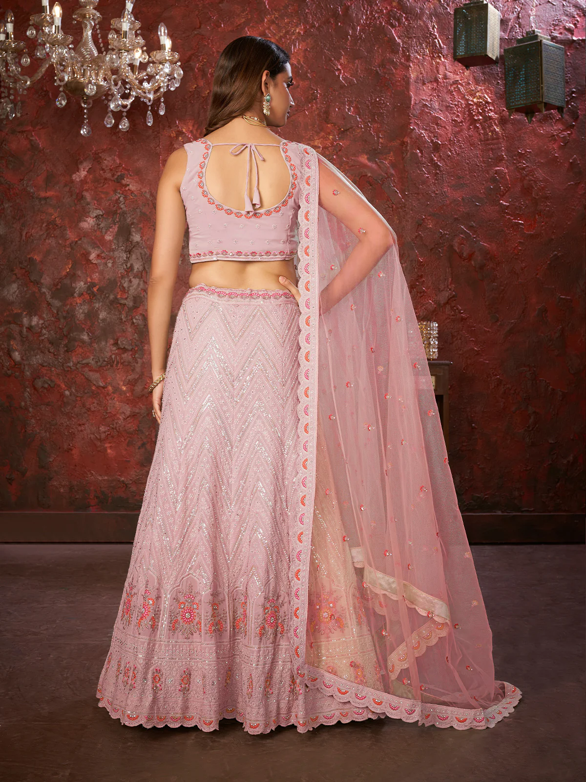 Odette Pink Georgette Embellished Semi Stitched Lehenga With Unstitched Blouse for Women - Image 3