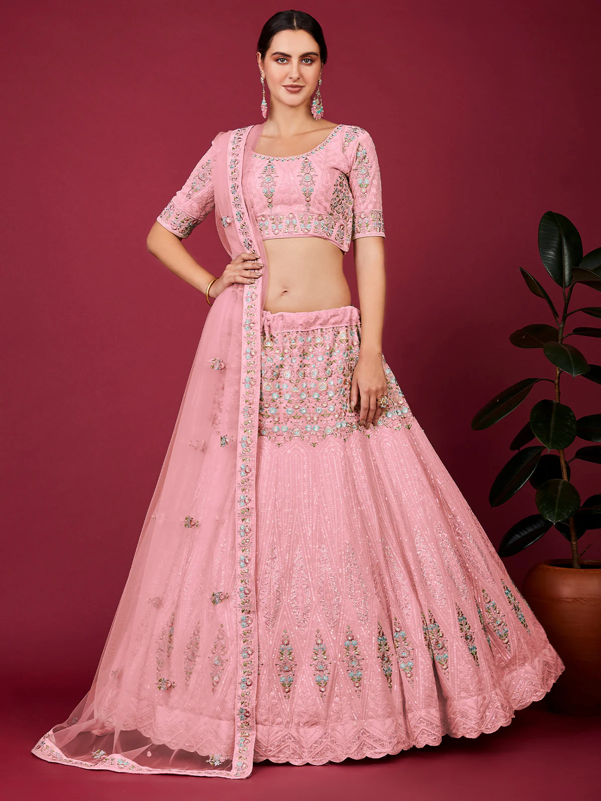 Odette Pink Georgette Embellished Semi Stitched Lehenga With Unstitched Blouse for Women - Image 2