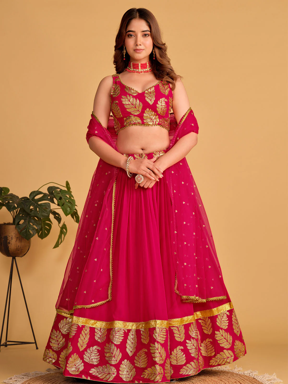 Odette Pink Georgette Embellished Semi Stitched Lehenga With Unstitched Blouse For Women - Image 2
