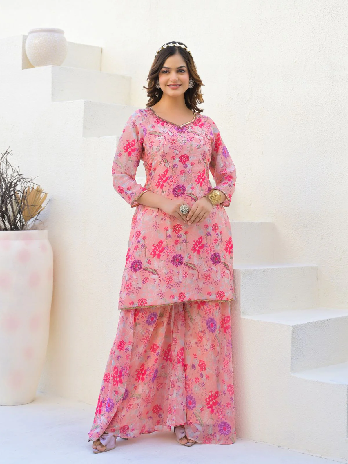 Odette Pink Georgette Embellished Stiched Kurta Set For Women - Image 2