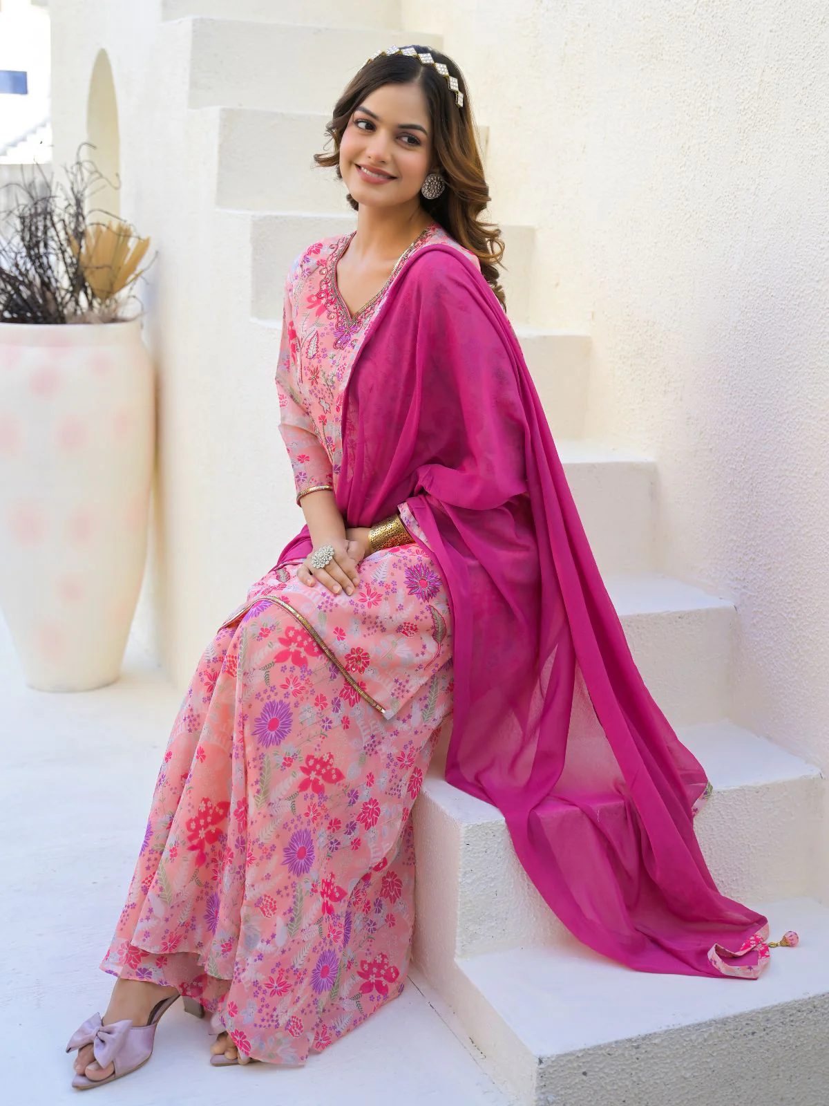 Odette Pink Georgette Embellished Stiched Kurta Set For Women - Image 7