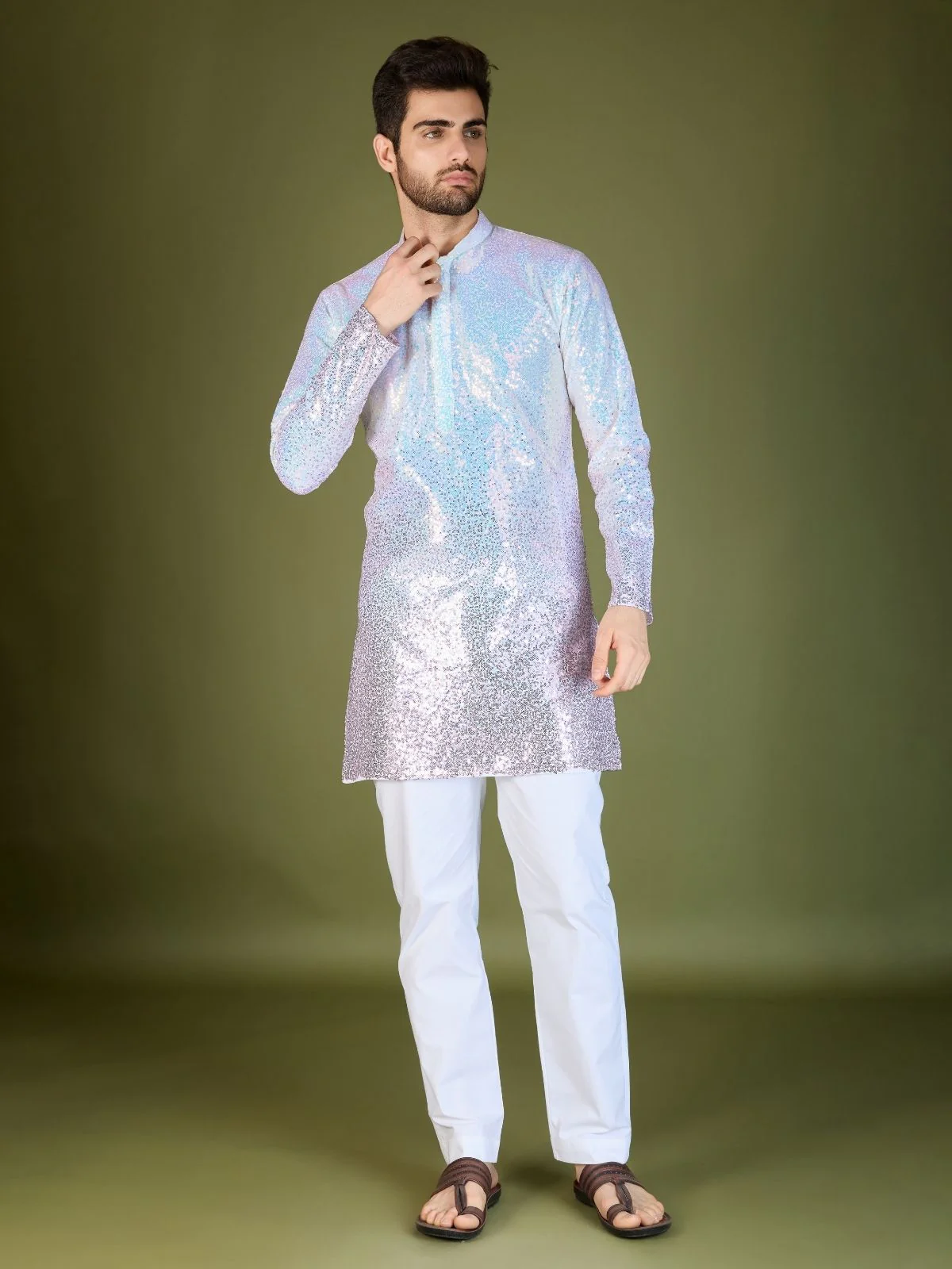 Odette Pink Georgette Embellished Stitched Kurta For Men