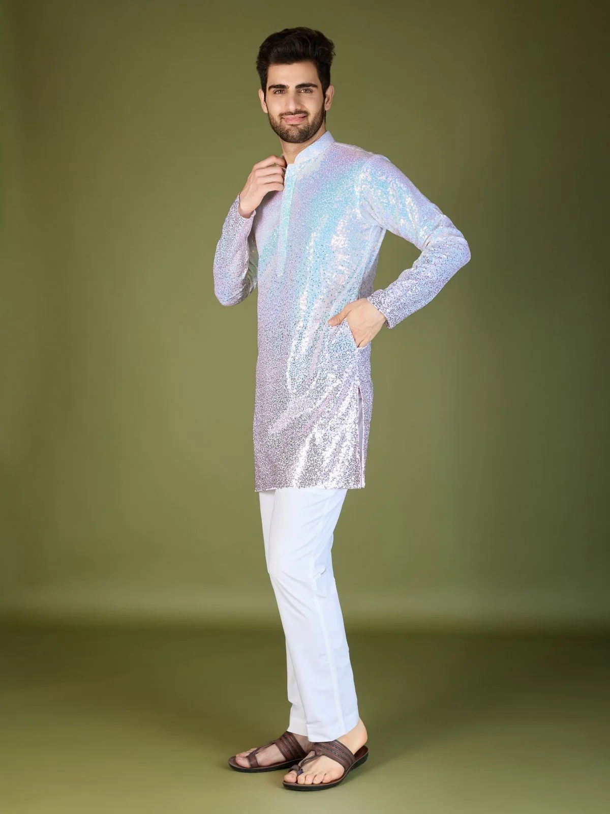 Odette Pink Georgette Embellished Stitched Kurta For Men - Image 3