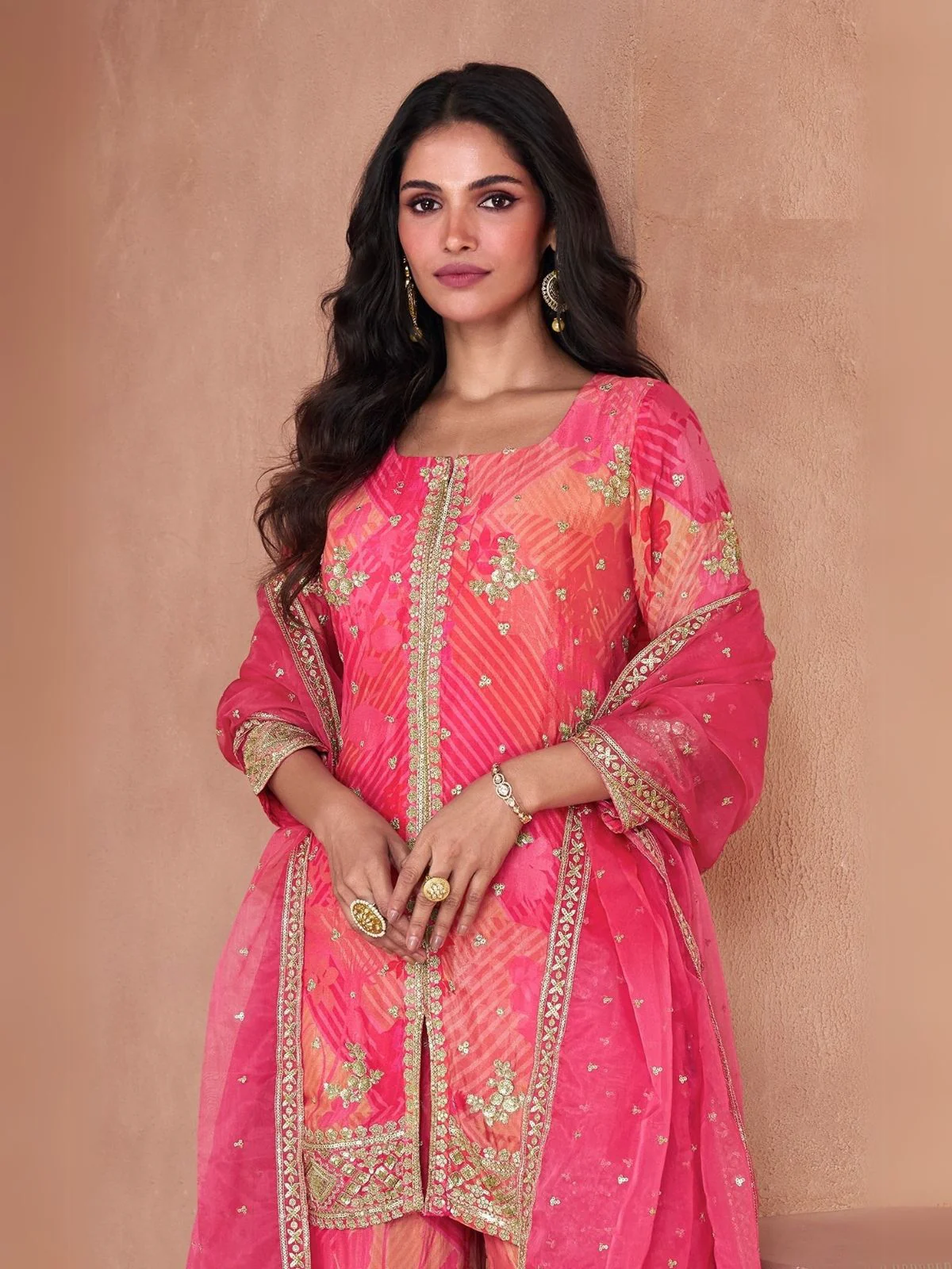 Odette Pink Georgette Embellished Stitched Kurta Set For Women - Image 2