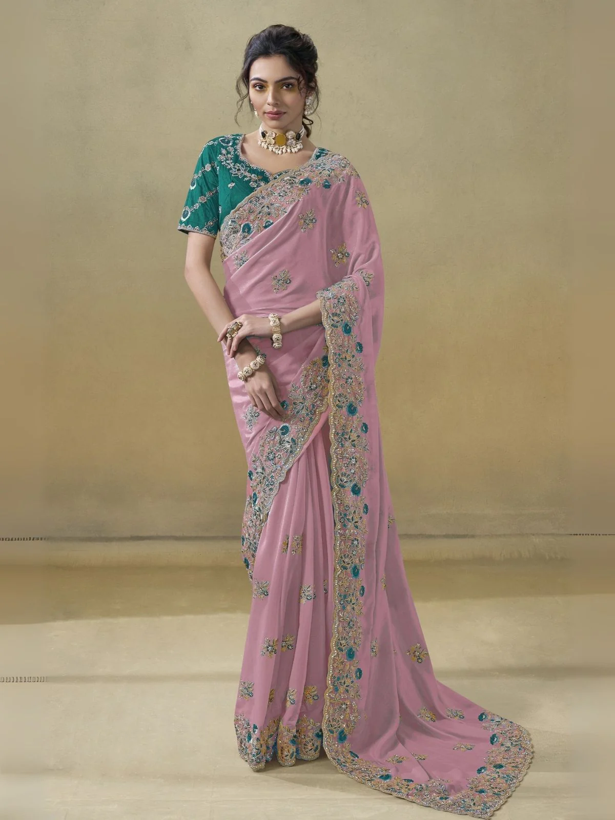 Odette Pink Georgette Embroidered Elegant Saree For Women