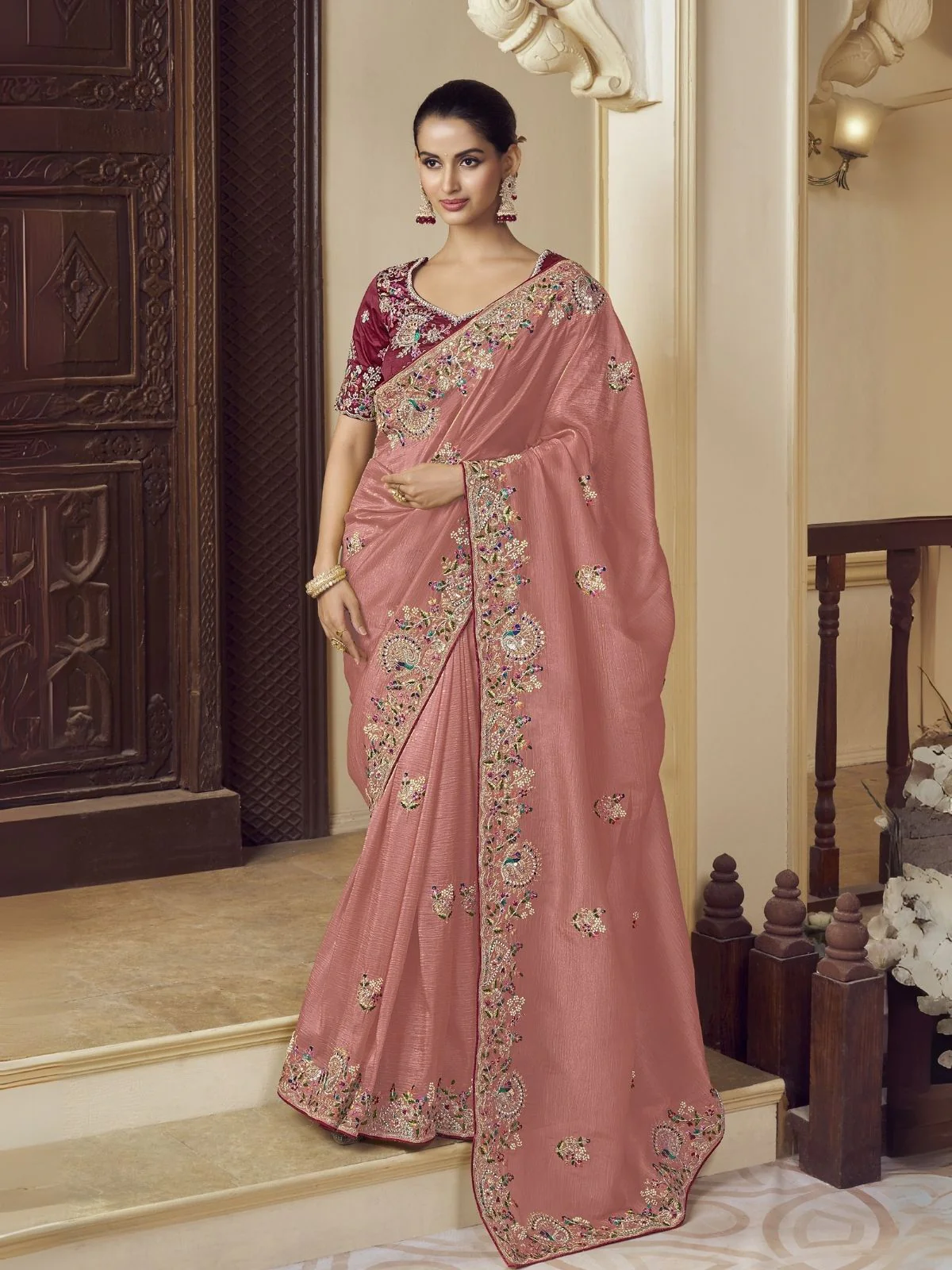 Odette Pink Georgette Embroidered Elegant Saree For Women