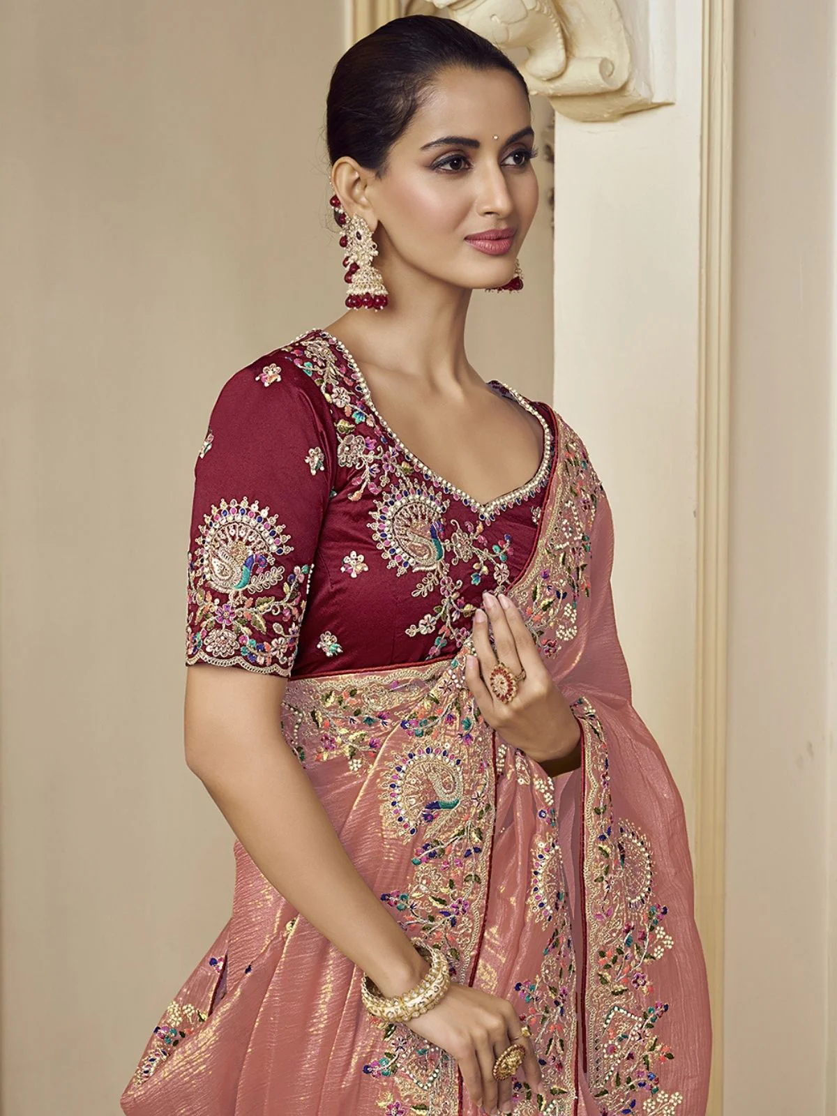 Odette Pink Georgette Embroidered Elegant Saree For Women - Image 2