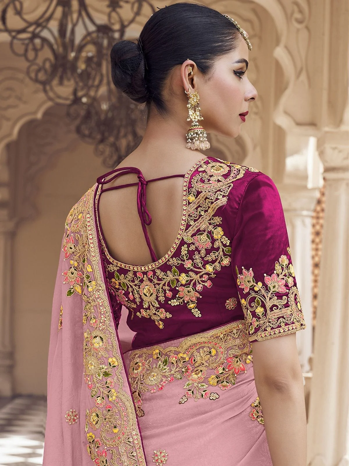 Odette Pink Georgette Embroidered Elegant Saree For Women - Image 2