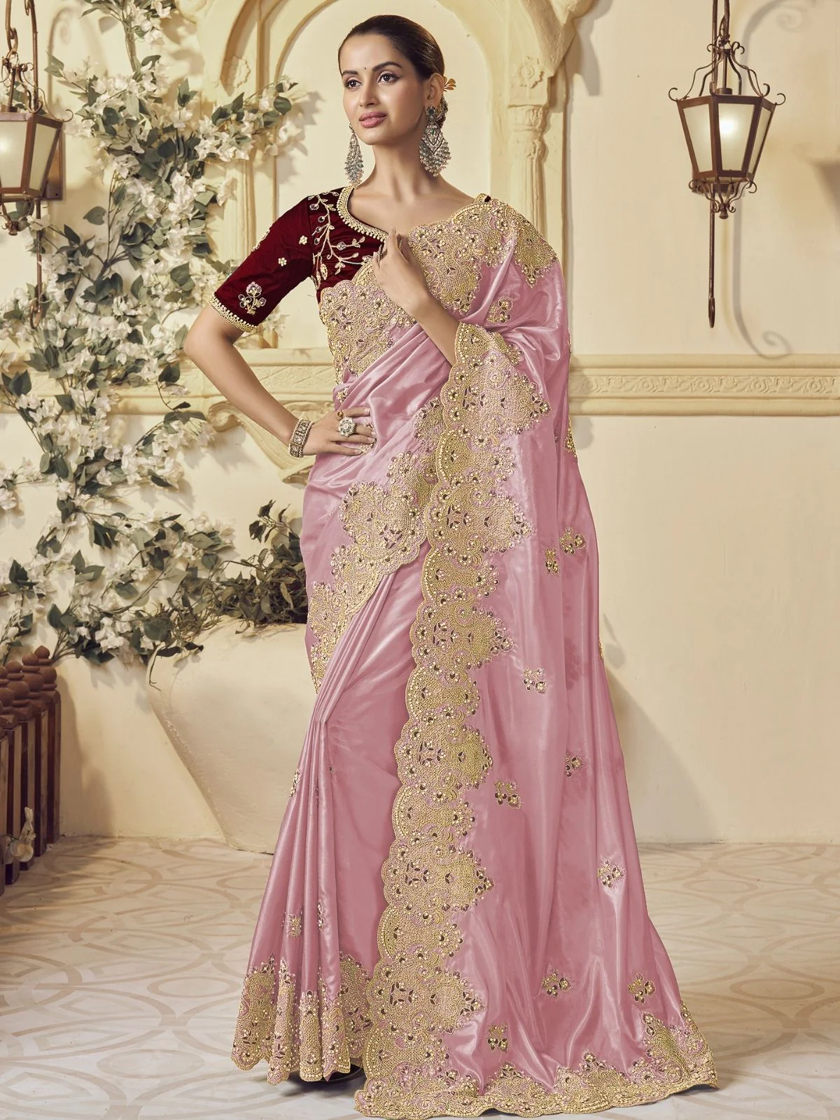 Odette Pink Georgette Embroidered Elegant Saree For Women