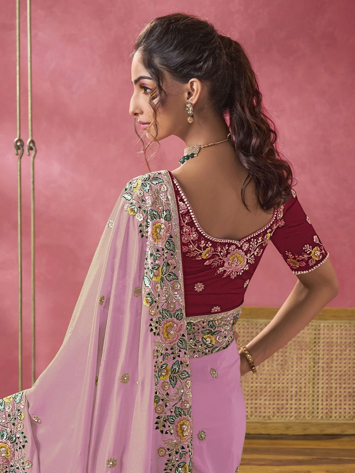 Odette Pink Georgette Embroidered Elegant Saree For Women - Image 3