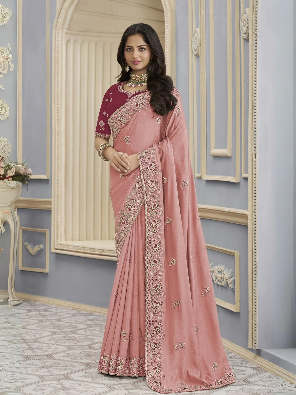 Odette Pink Georgette Embroidered Elegant Saree For Women