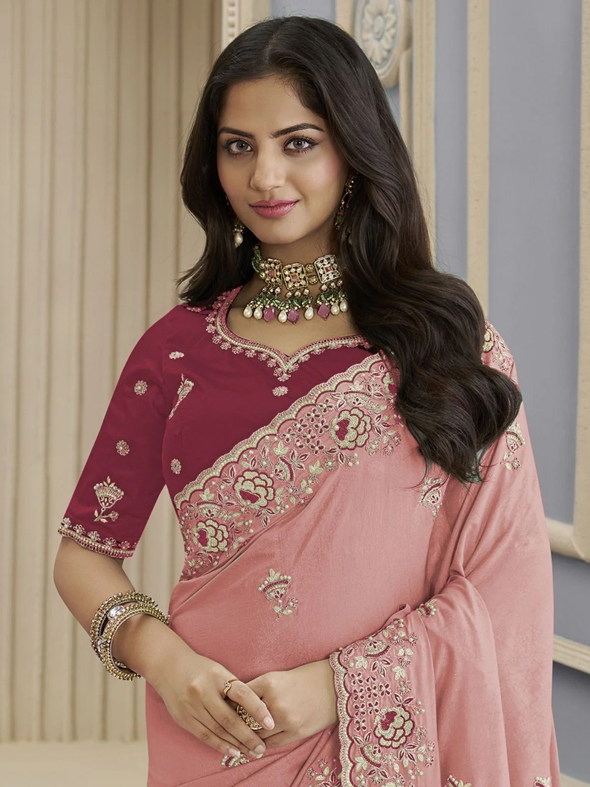 Odette Pink Georgette Embroidered Elegant Saree For Women - Image 2
