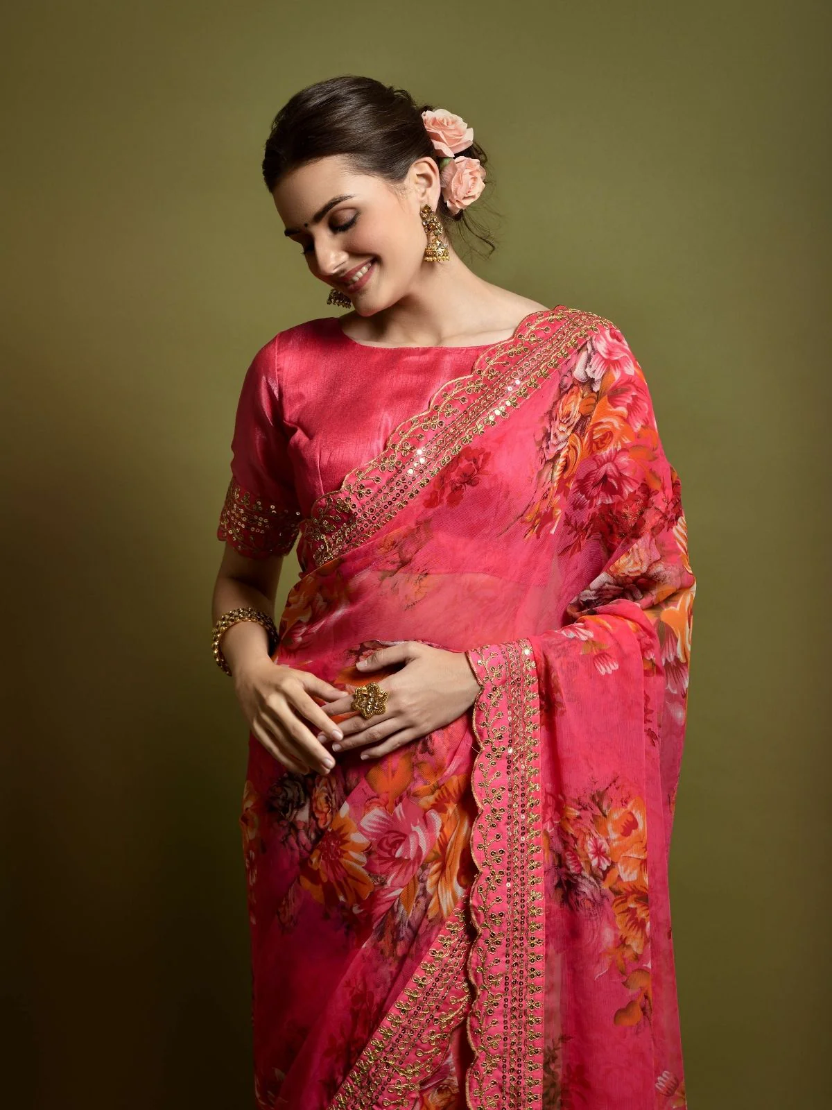 Odette Pink Georgette Embroidered Printed Saree For Women - Image 4
