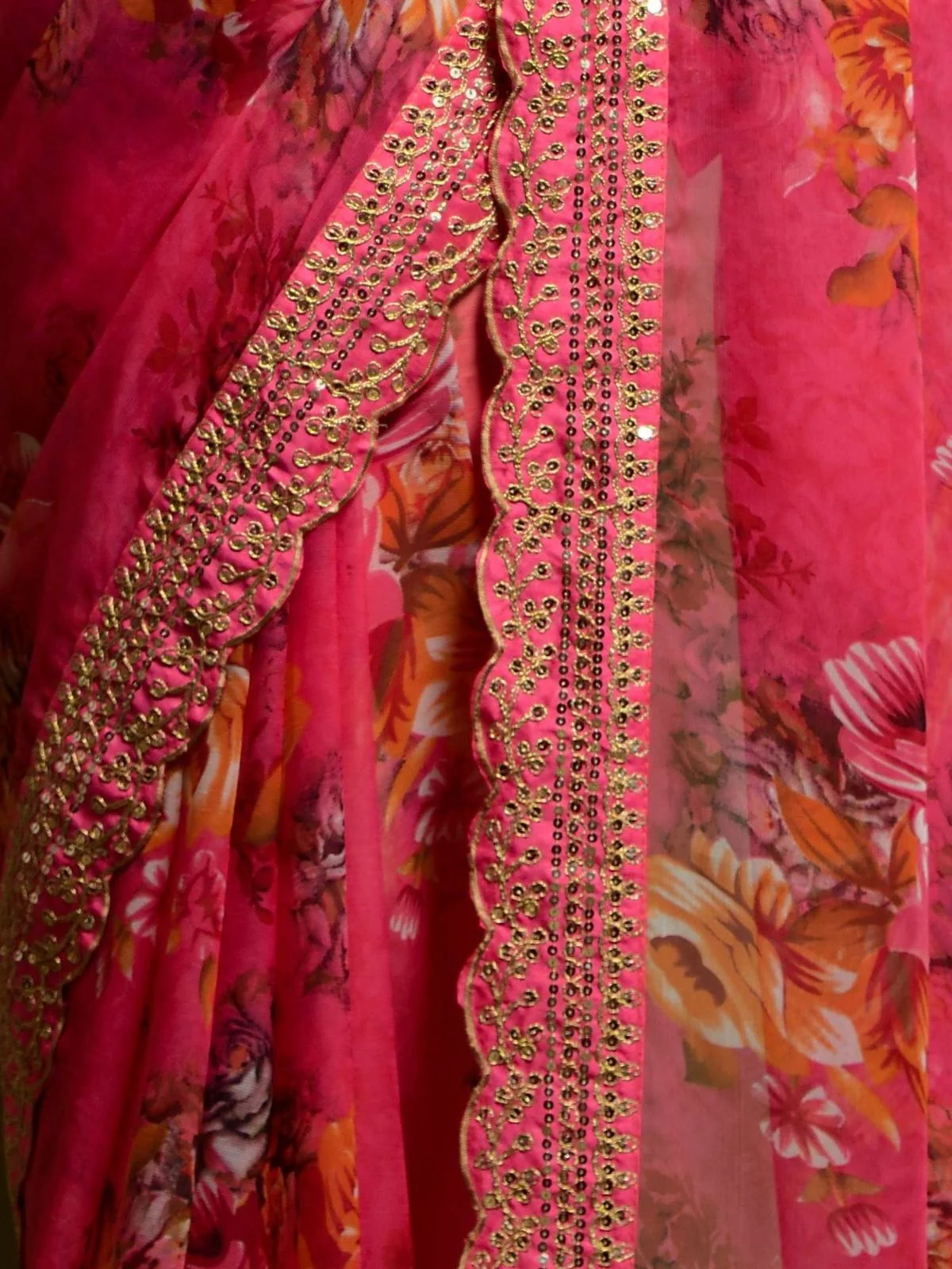 Odette Pink Georgette Embroidered Printed Saree For Women - Image 5