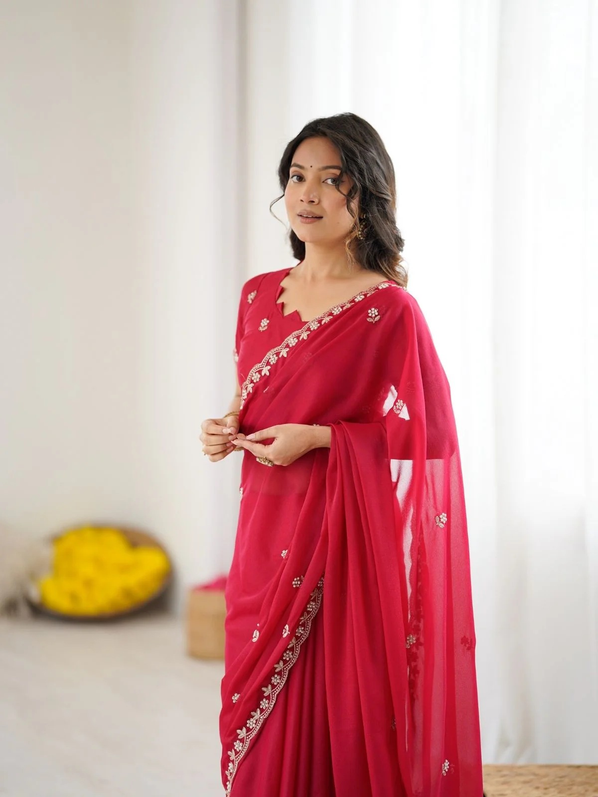 Odette Pink Georgette Embroidered Saree For Women - Image 4