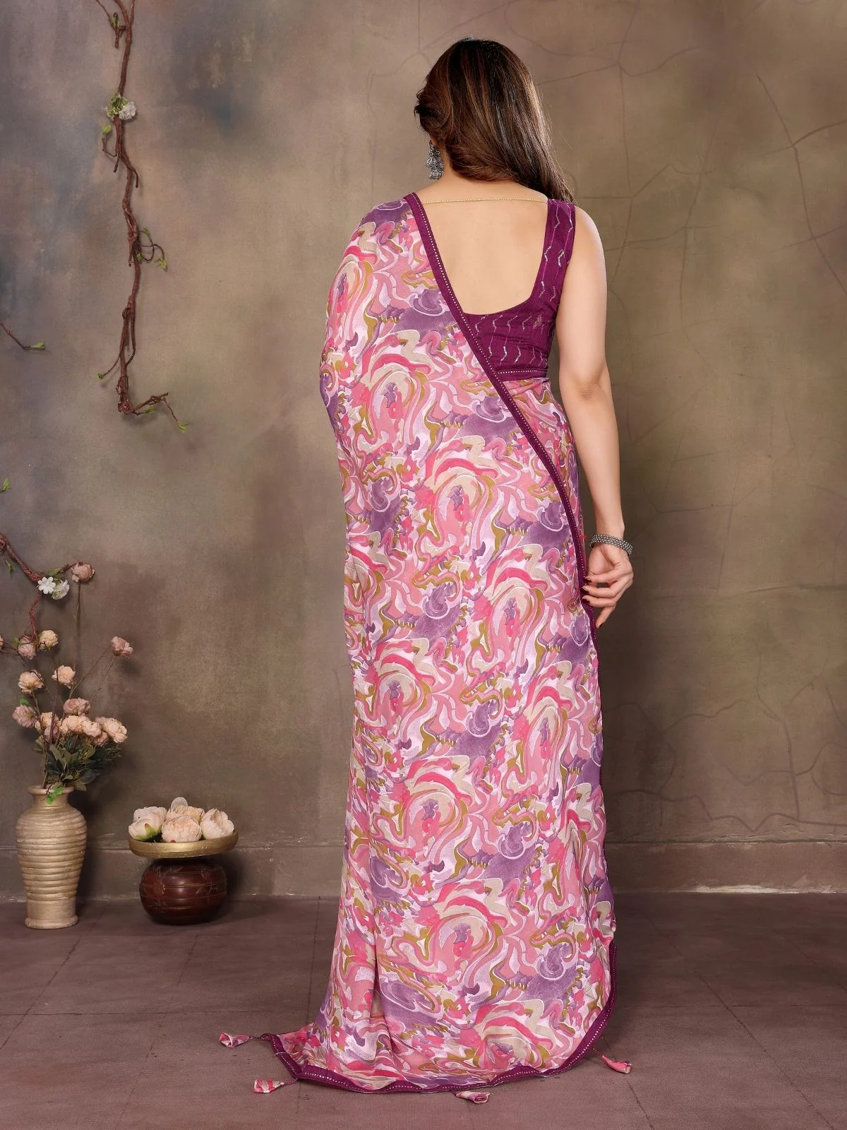 Odette Pink Georgette Embroidered Saree For Women - Image 3