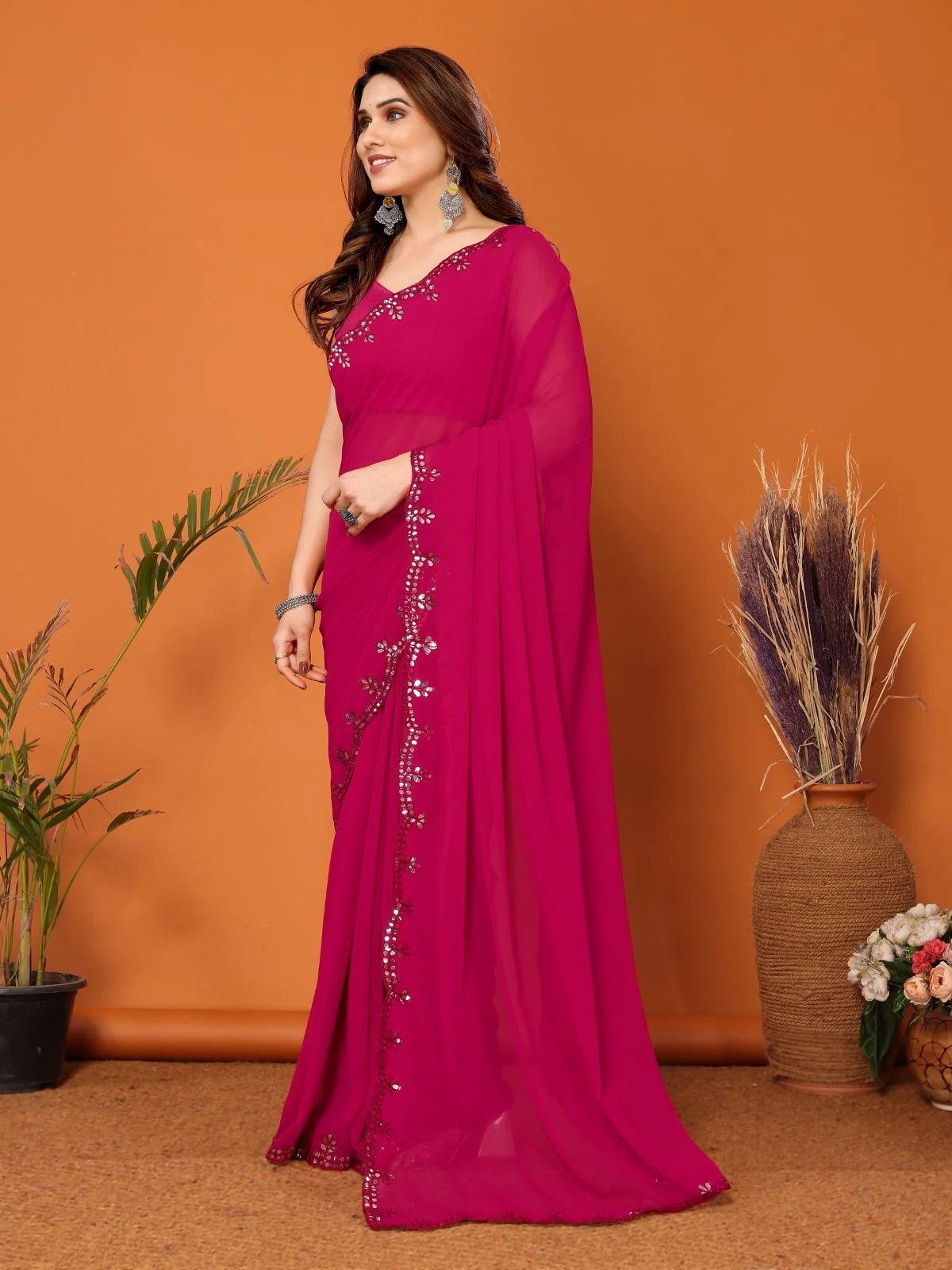 Odette Pink Georgette Embroidered Saree For Women - Image 2