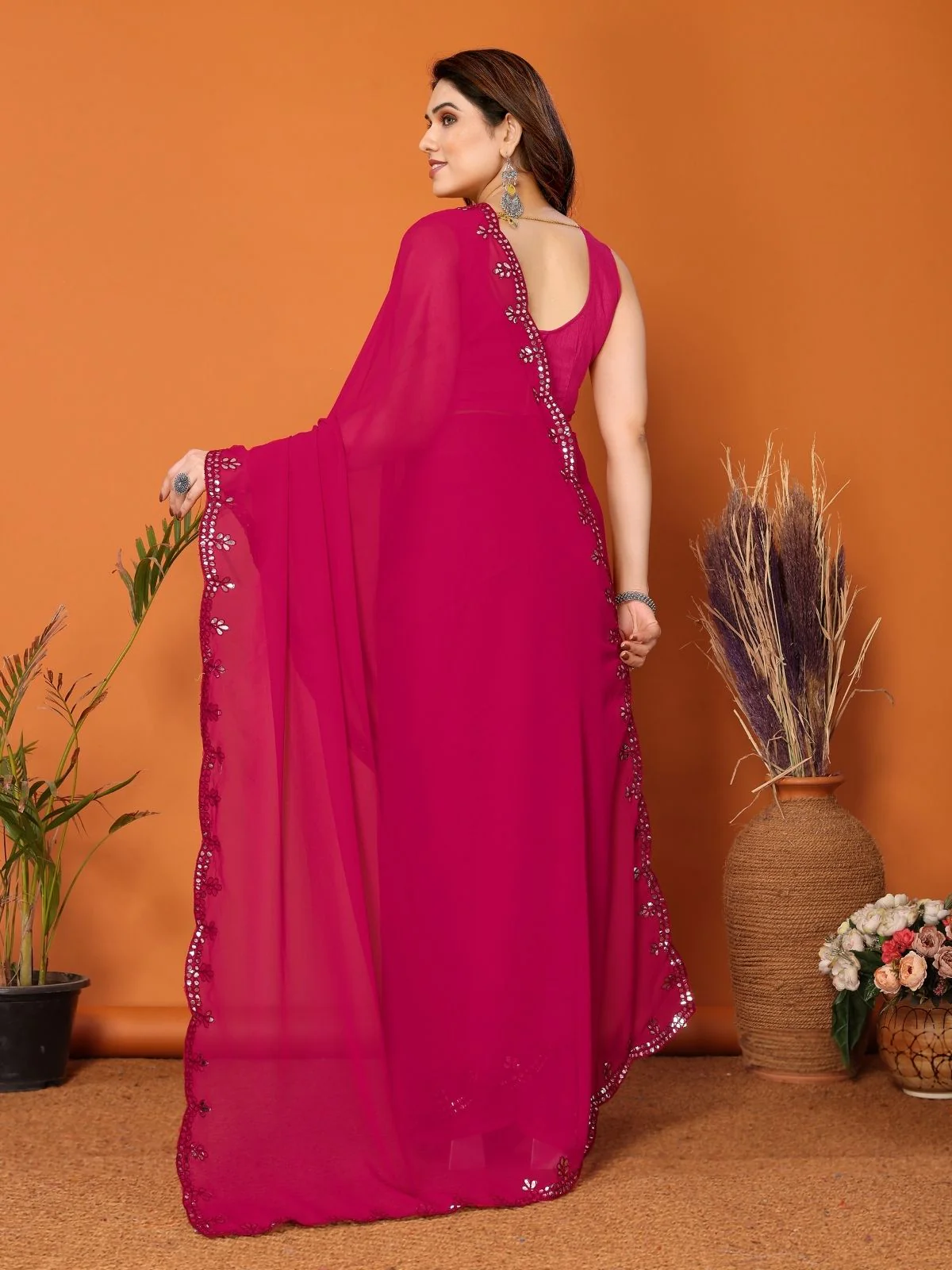 Odette Pink Georgette Embroidered Saree For Women - Image 3