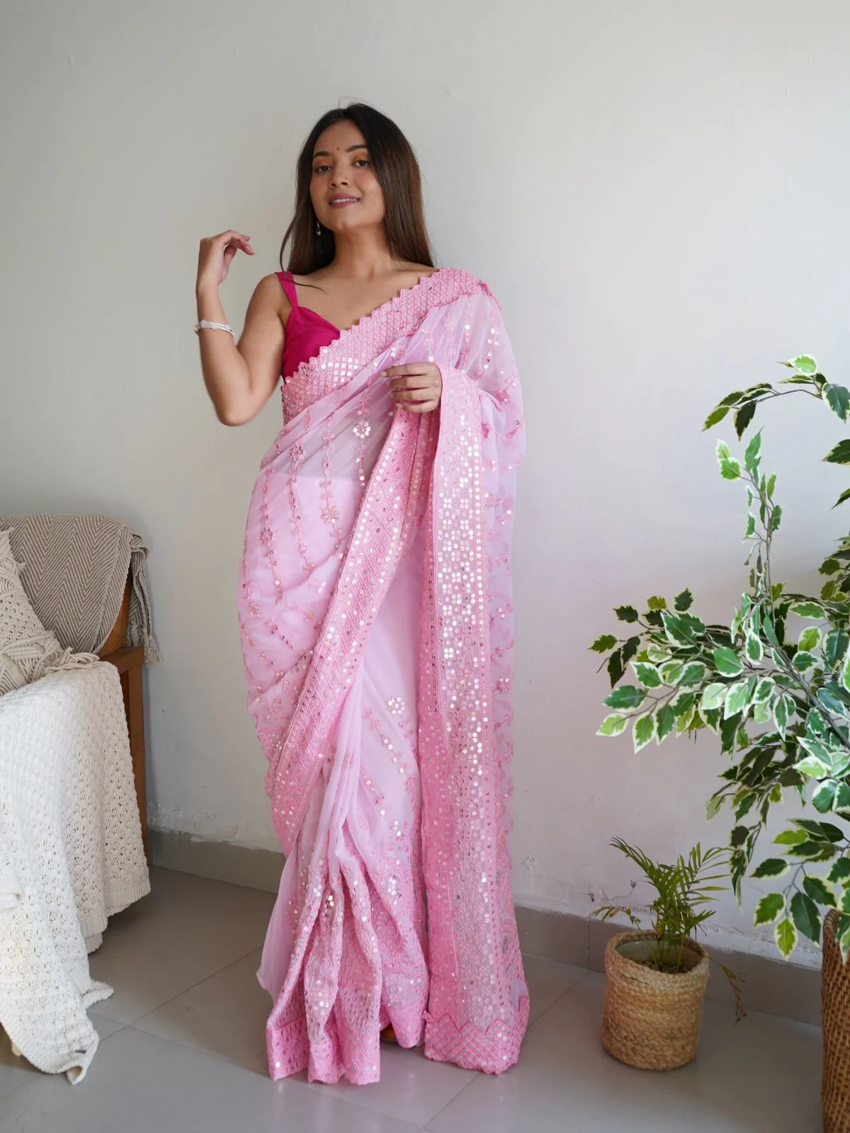 Odette Pink Georgette Embroidered Saree With Unstitched Blouse For Women