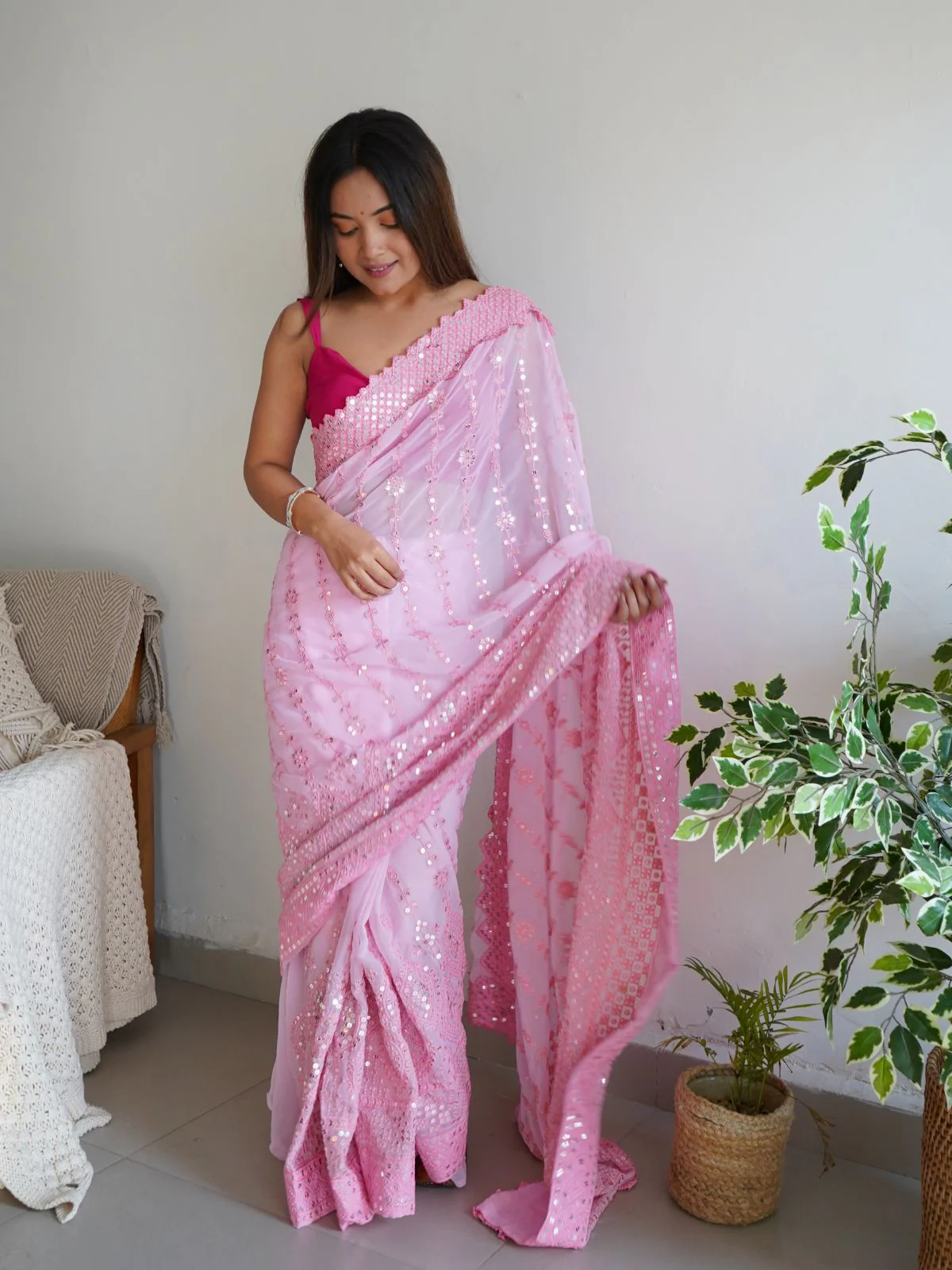 Odette Pink Georgette Embroidered Saree With Unstitched Blouse For Women - Image 3