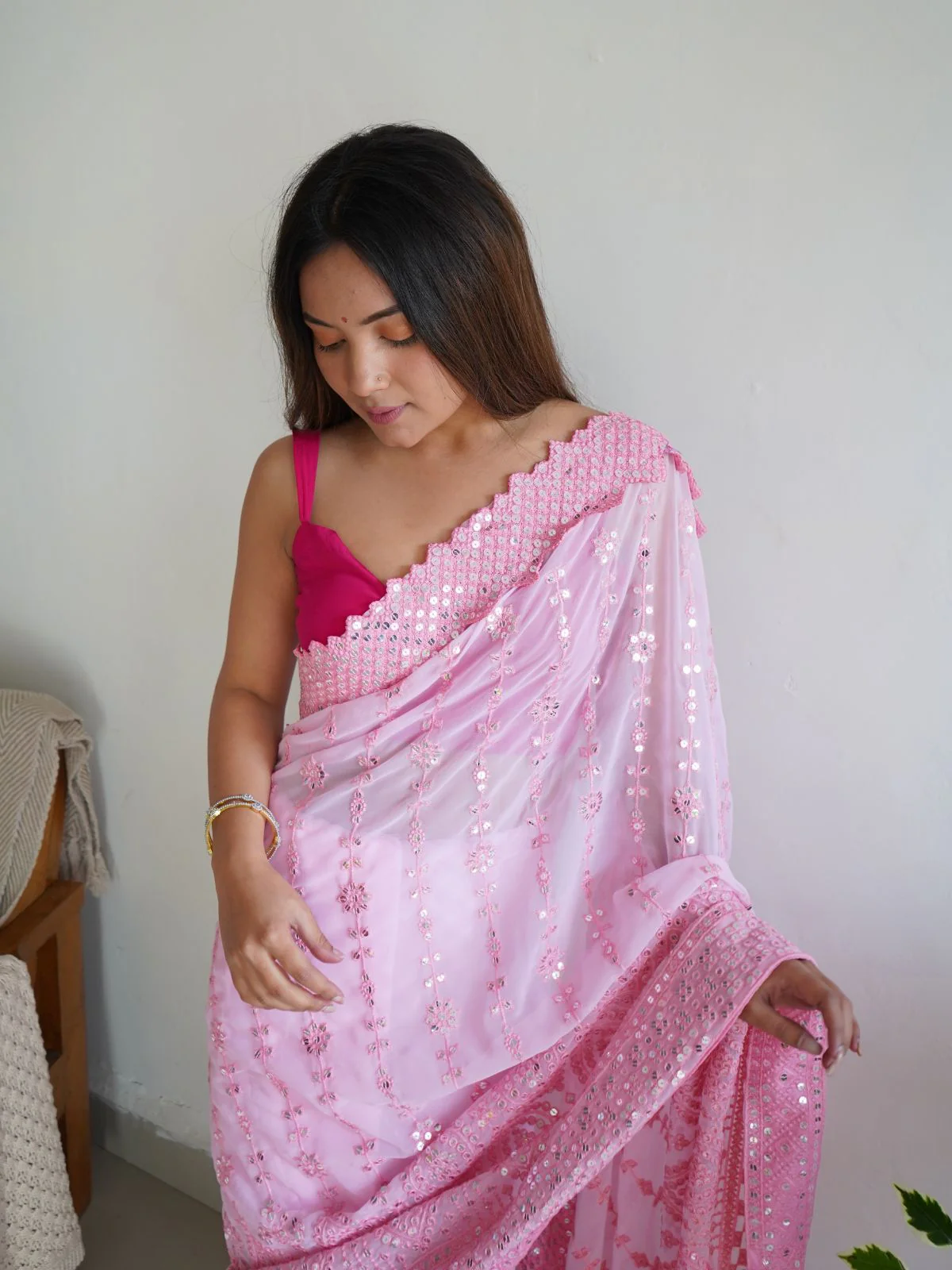 Odette Pink Georgette Embroidered Saree With Unstitched Blouse For Women - Image 6