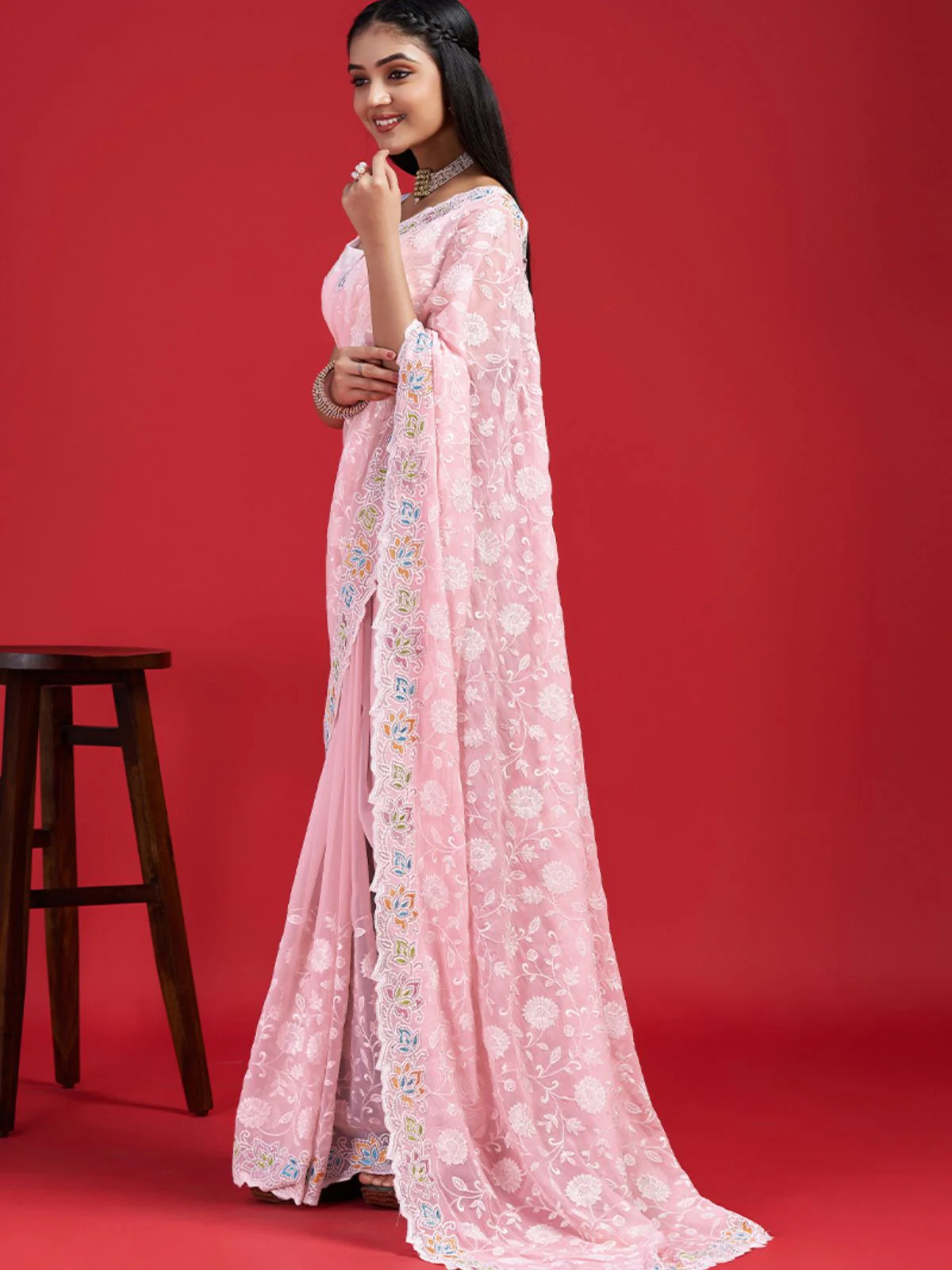 Odette Pink Georgette Embroidered Saree with Unstitched Blouse for Women - Image 2