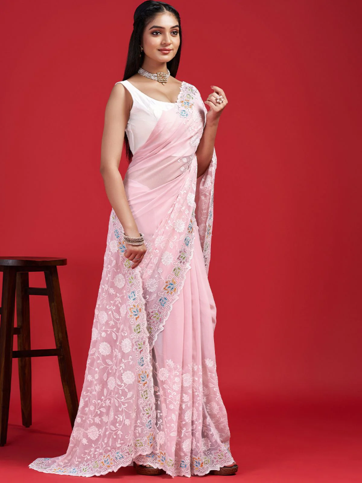 Odette Pink Georgette Embroidered Saree with Unstitched Blouse for Women - Image 3
