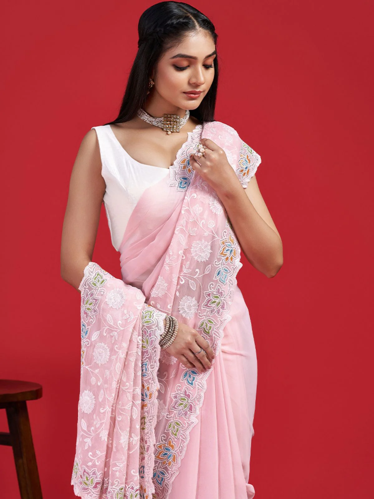 Odette Pink Georgette Embroidered Saree with Unstitched Blouse for Women - Image 4