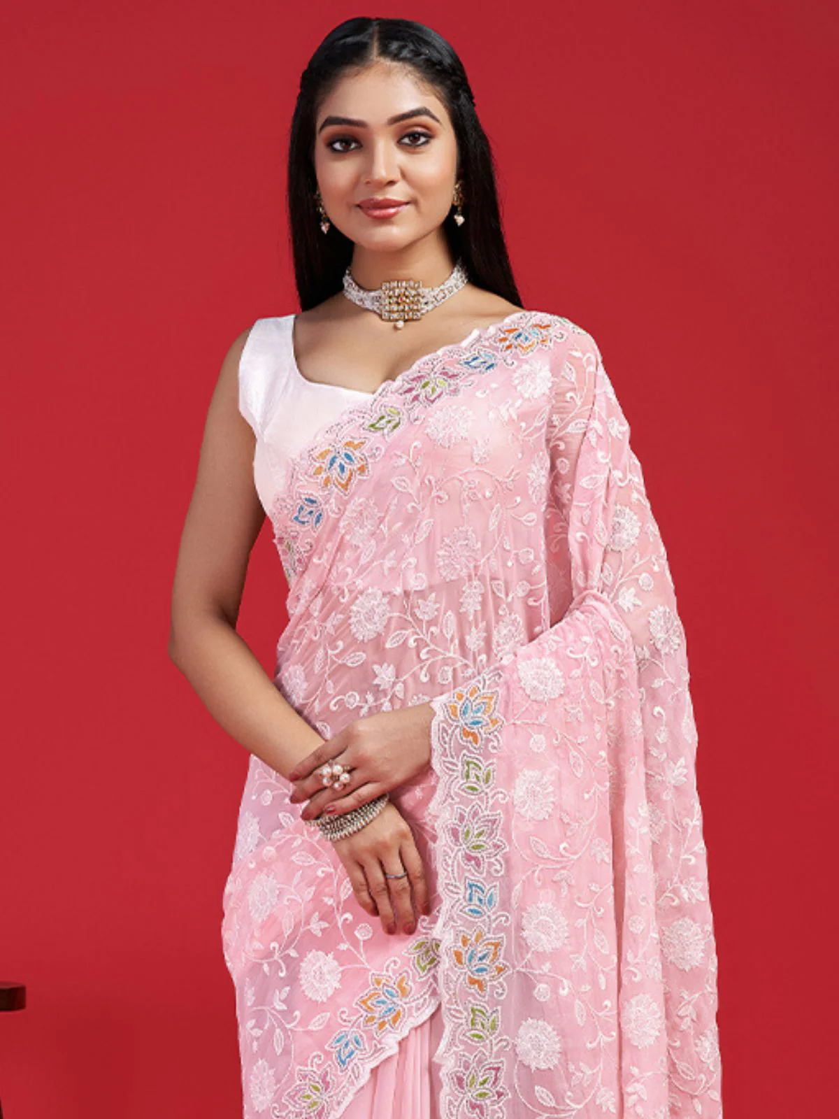 Odette Pink Georgette Embroidered Saree with Unstitched Blouse for Women - Image 5