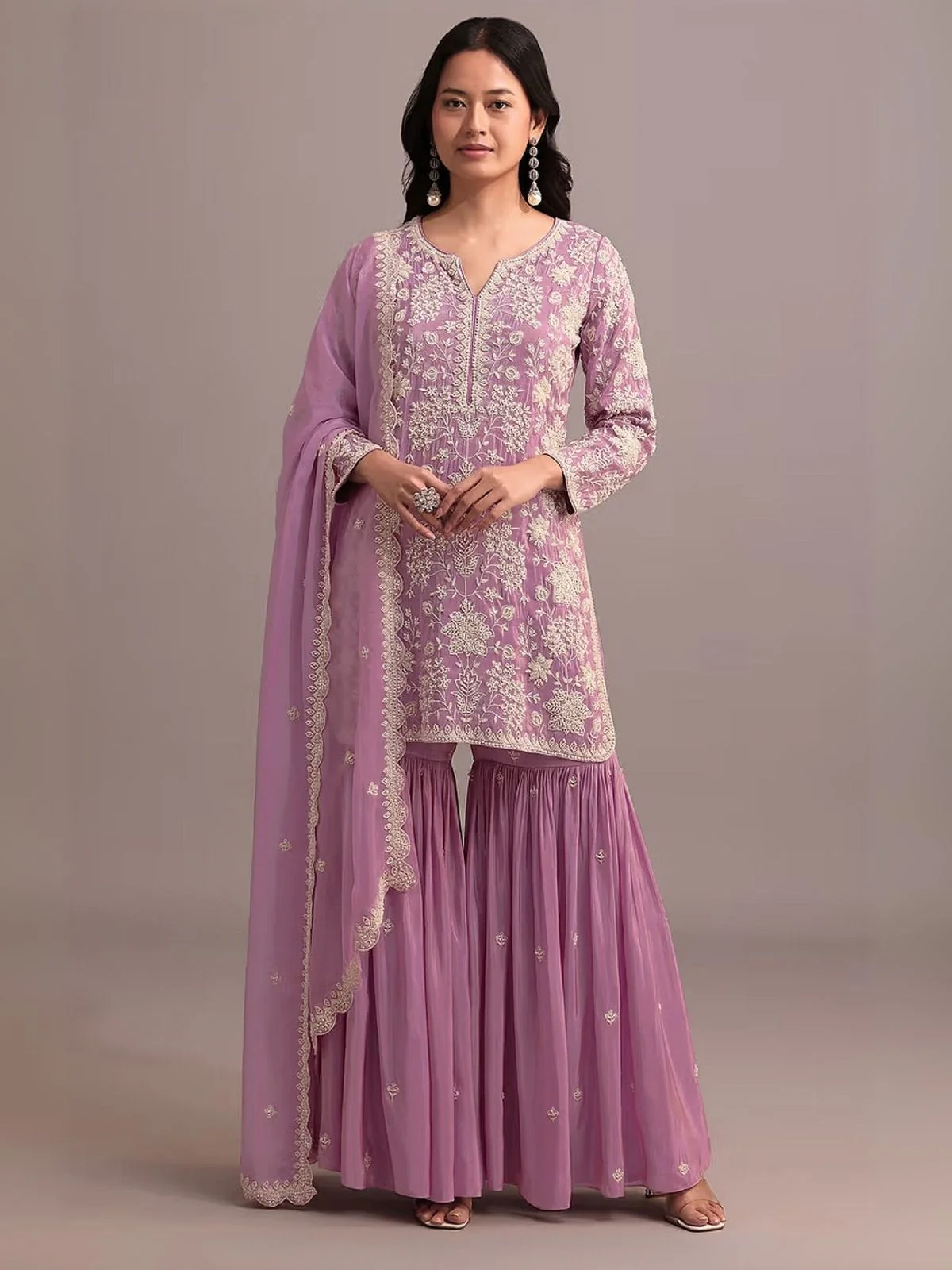 Odette Pink Georgette Embroidered Semi-Sitched Kurta Set For Women