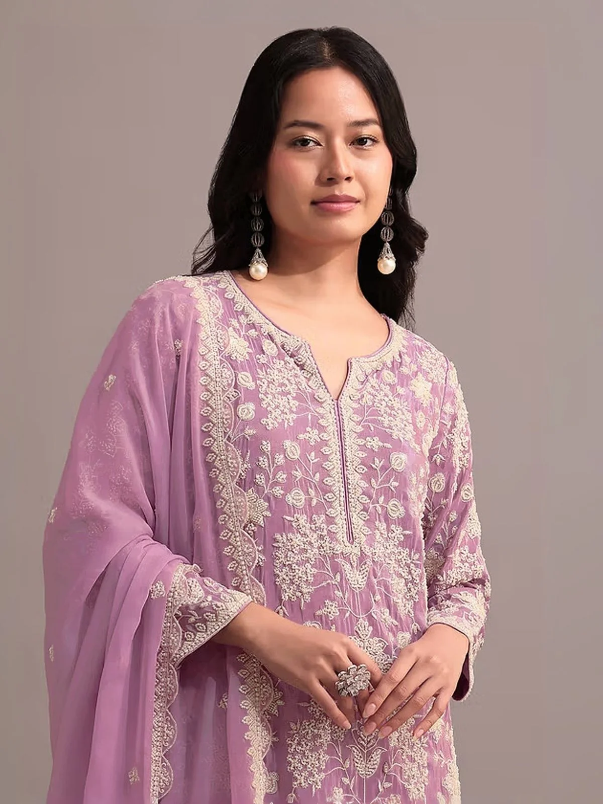 Odette Pink Georgette Embroidered Semi-Sitched Kurta Set For Women - Image 2