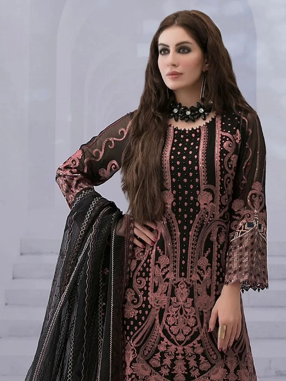 Odette Pink Georgette Embroidered Semi-Sitched Kurta Set For Women - Image 2