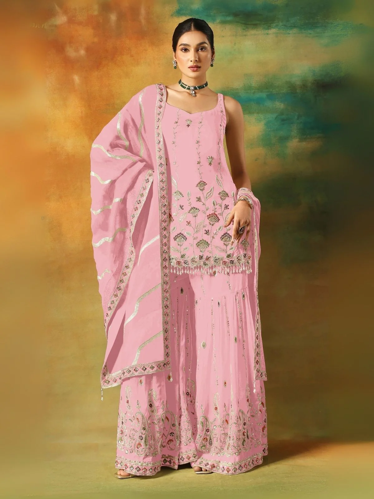 Odette Pink Georgette Embroidered Semi-Sitched Kurta Set For Women
