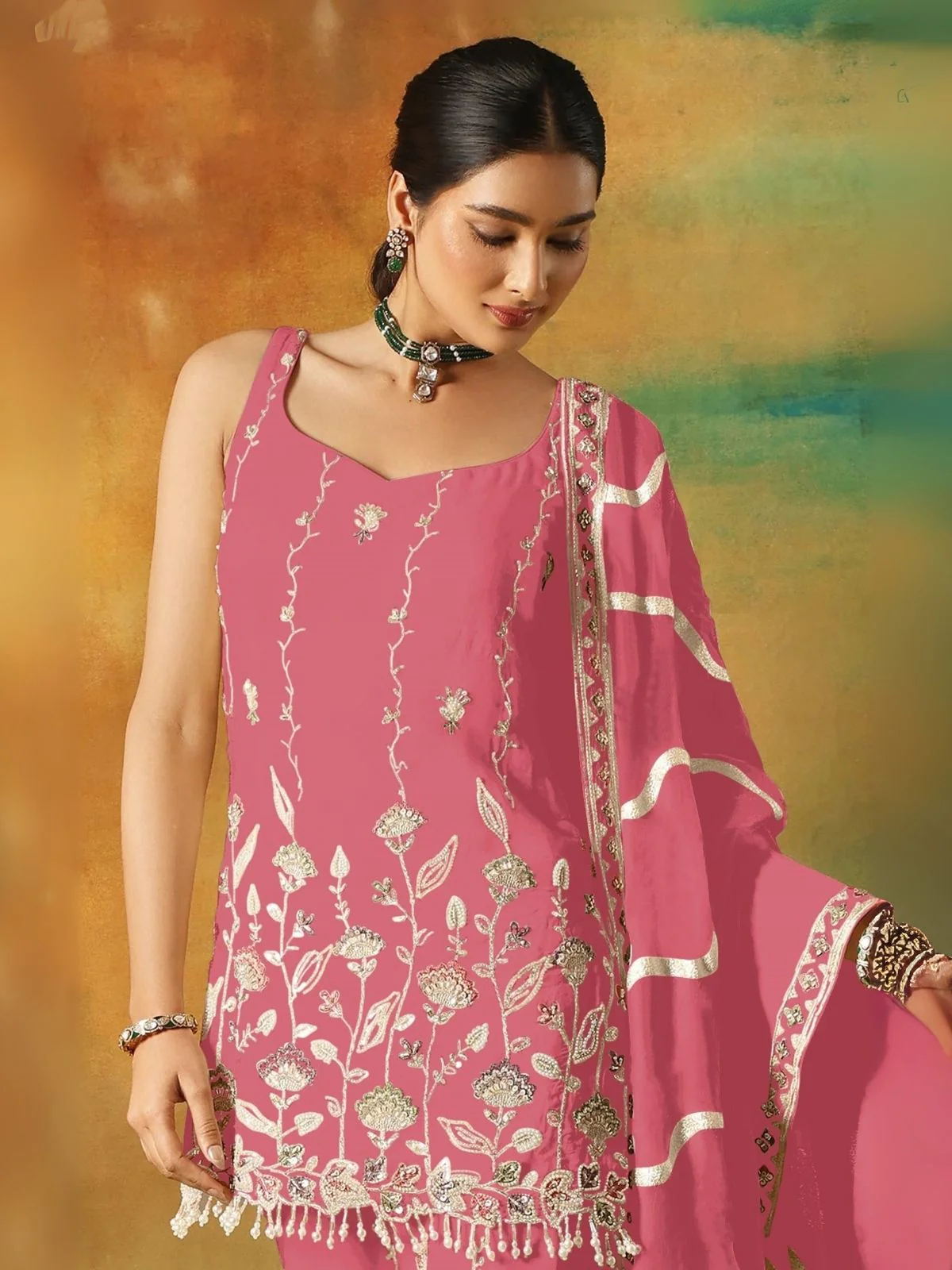 Odette Pink Georgette Embroidered Semi-Sitched Kurta Set For Women - Image 2