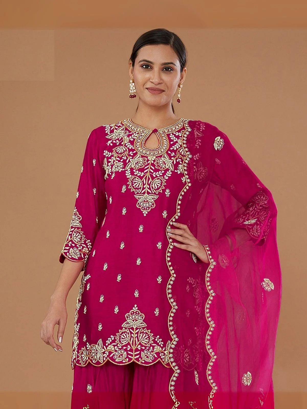 Odette Pink Georgette Embroidered Semi-Sitched Kurta Set For Women - Image 2