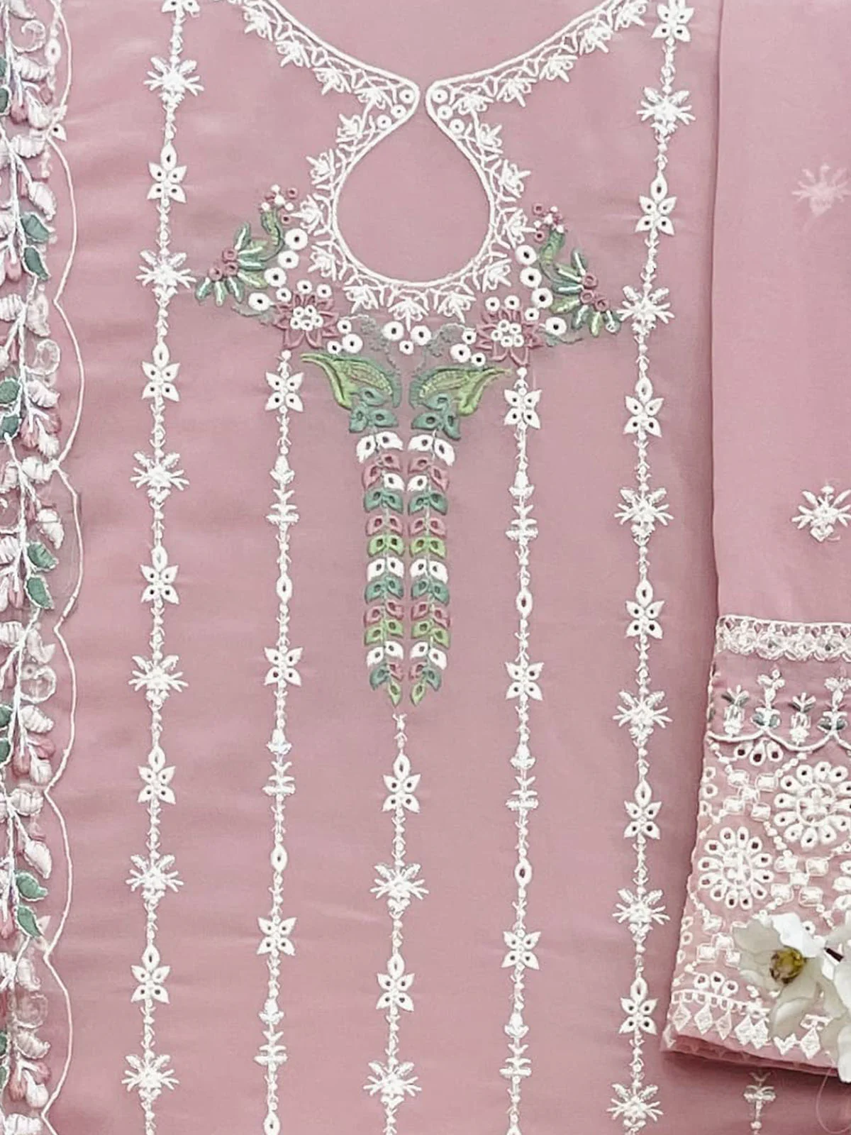 Odette Pink Georgette Embroidered Semi Stitched Kurta Set For Women - Image 3