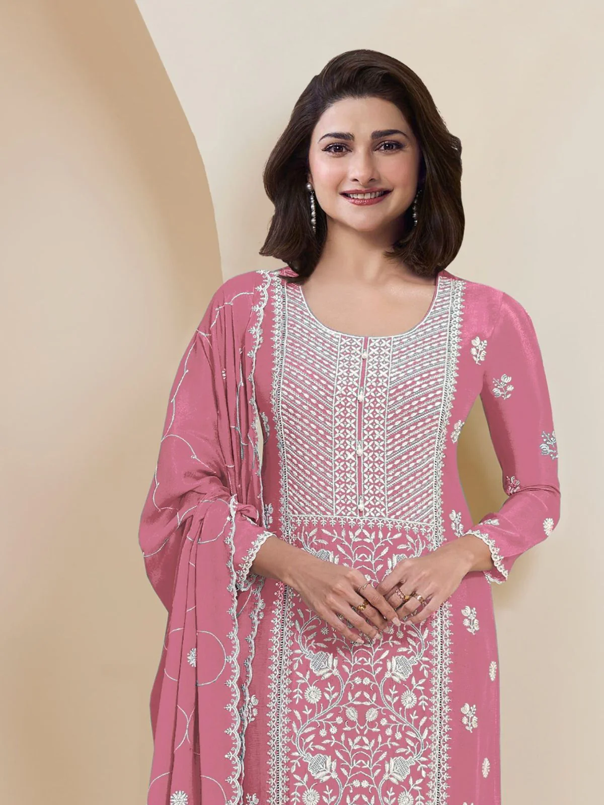 Odette Pink Georgette Embroidered Semi-Stitched Kurta Set For Women - Image 2