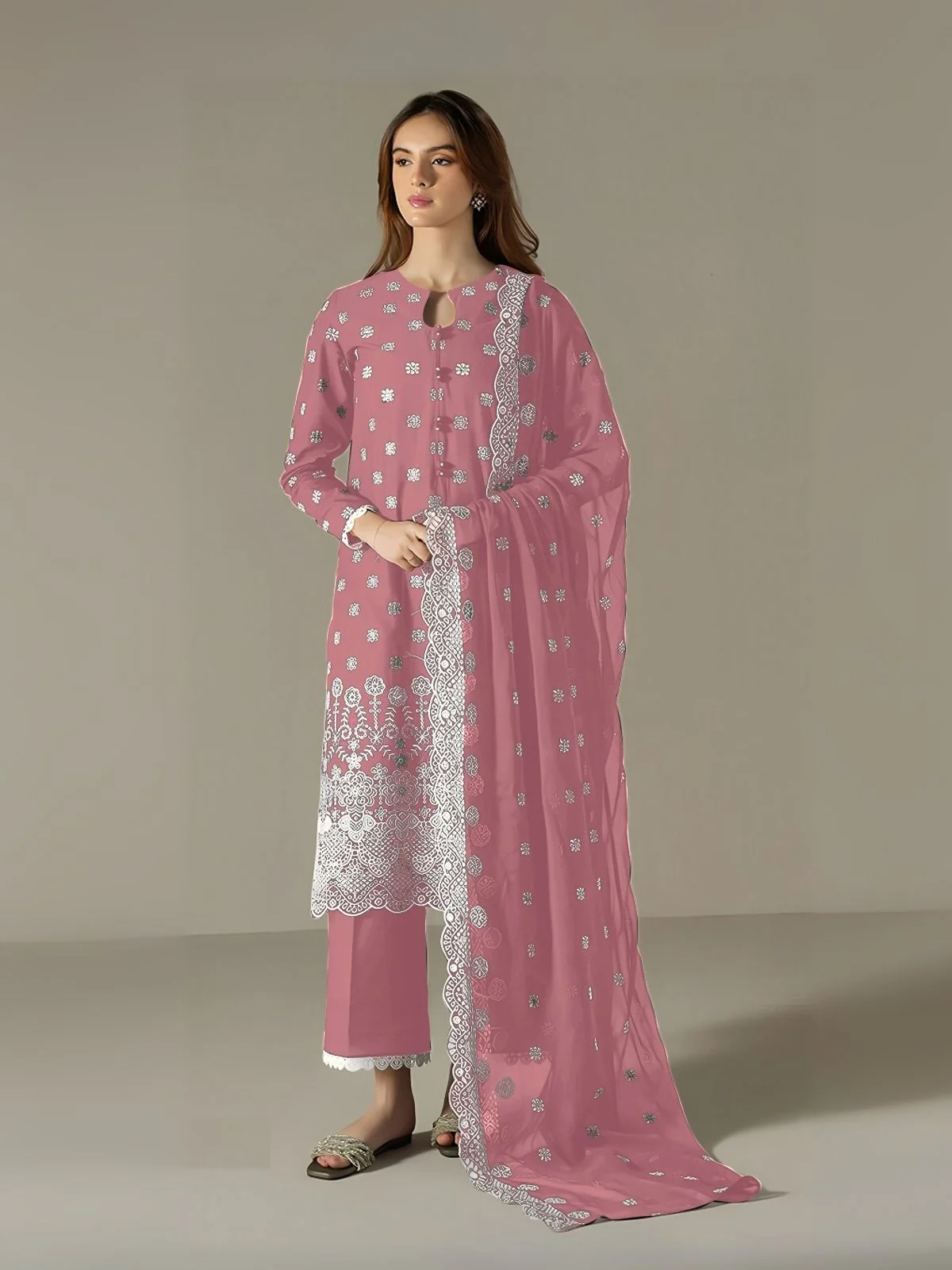 Odette Pink Georgette Embroidered Semi Stitched Kurta Set For Women