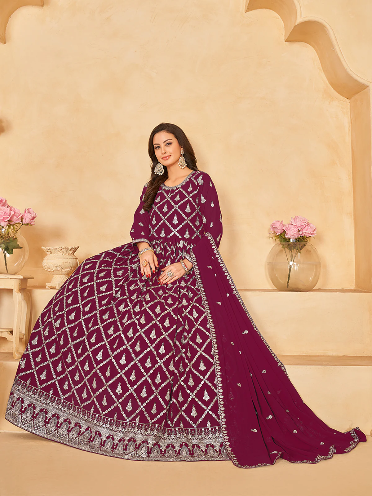 Odette Pink Georgette Embroidered Semi stitched Kurta Set with Inner For Women - Image 2