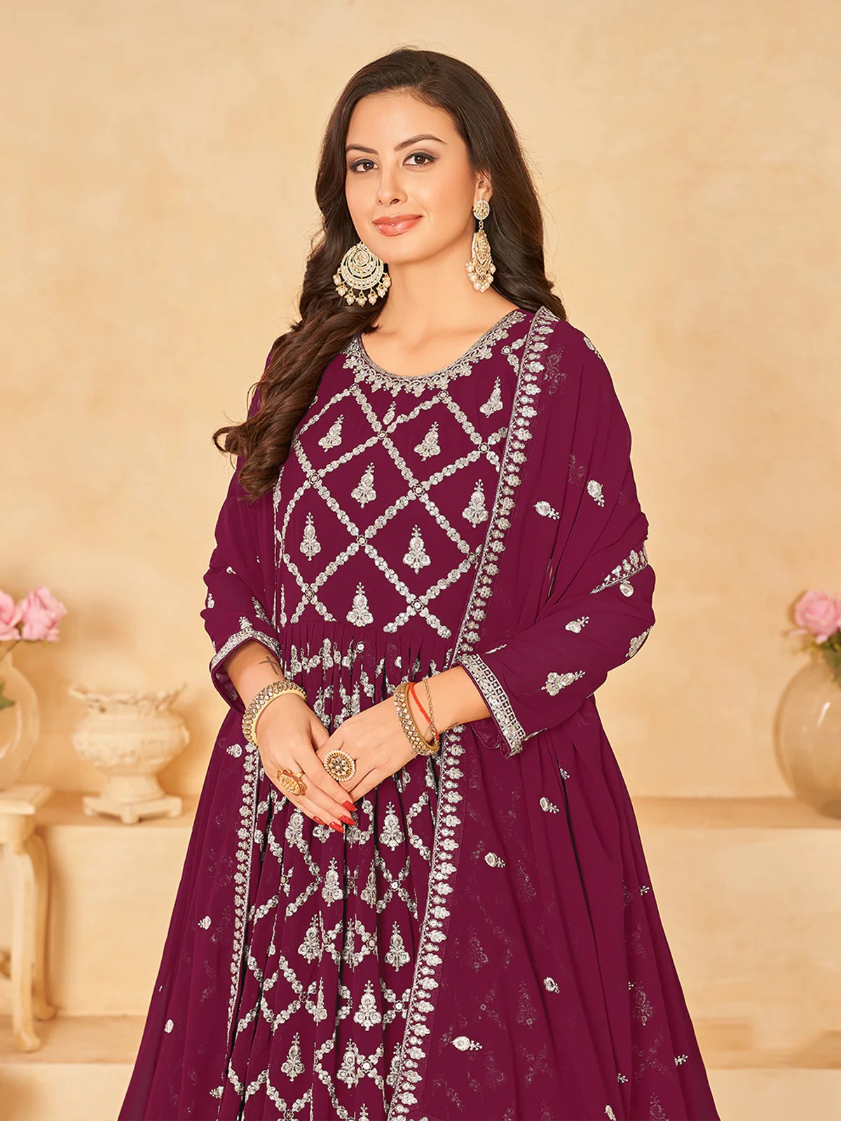 Odette Pink Georgette Embroidered Semi stitched Kurta Set with Inner For Women - Image 3